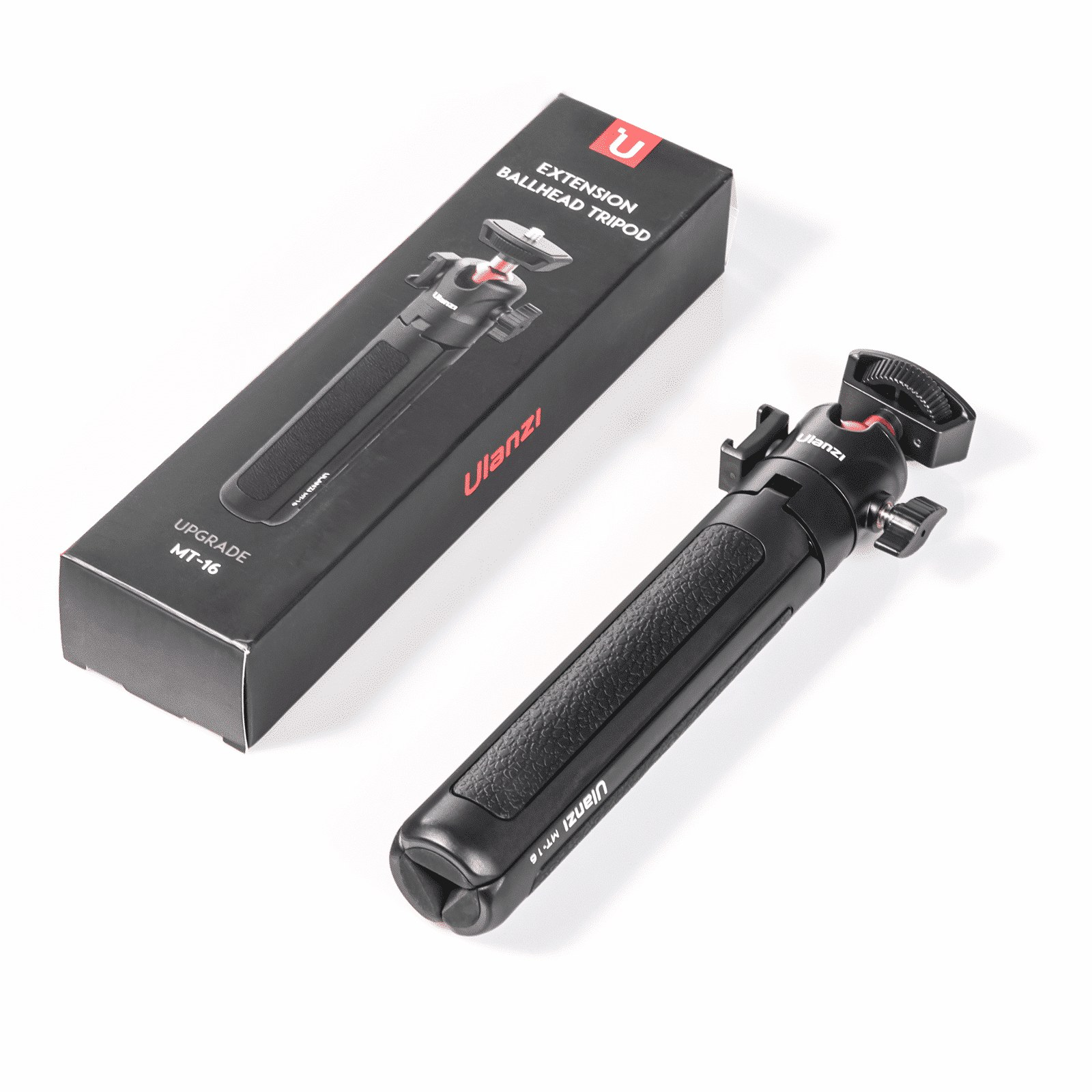 Een zwart Ulanzi MT-16 tafelstatief ligt voor de bedrukte doos op een witte achtergrond.