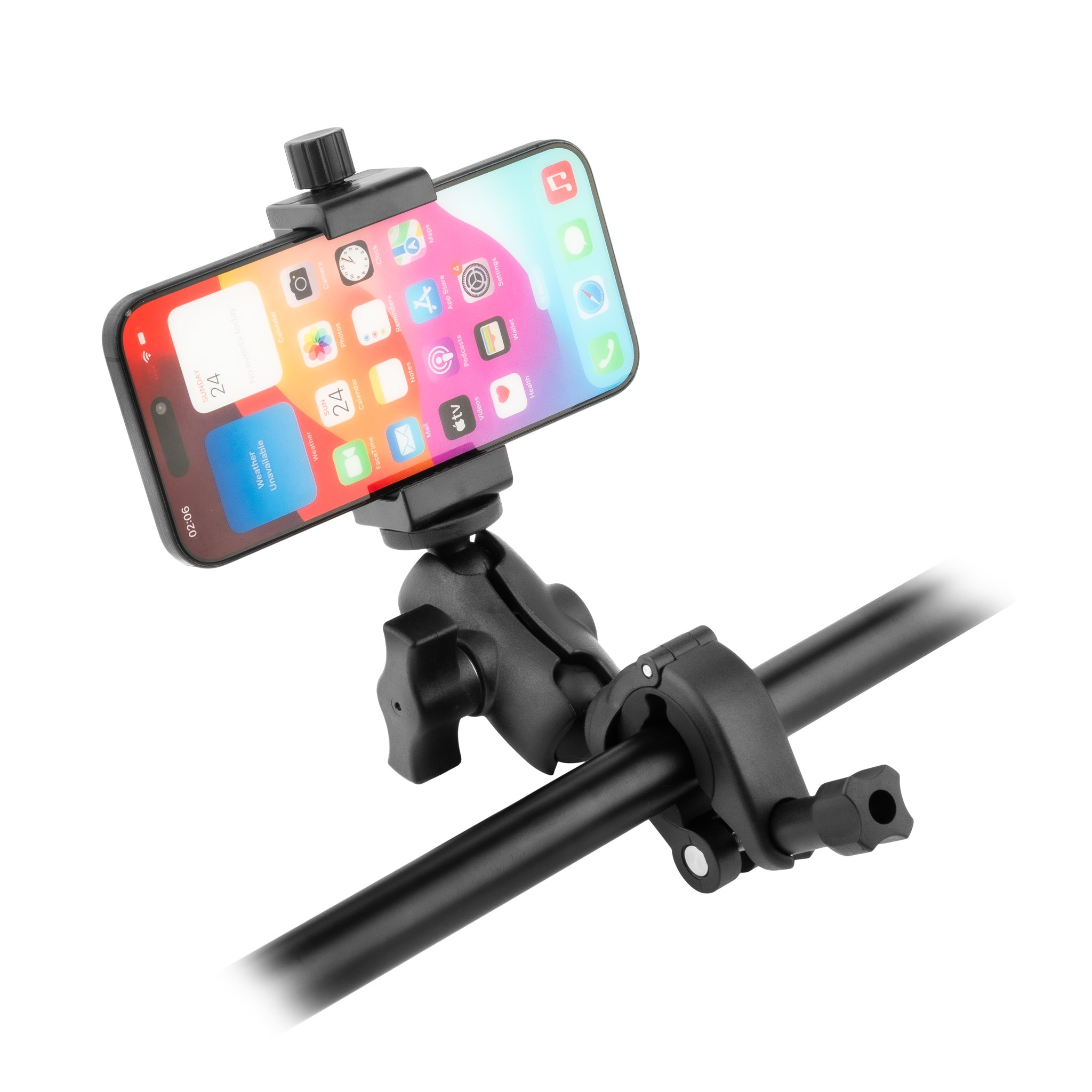 Een zwarte smartphone is gemonteerd in een houder die aan een stang is bevestigd.