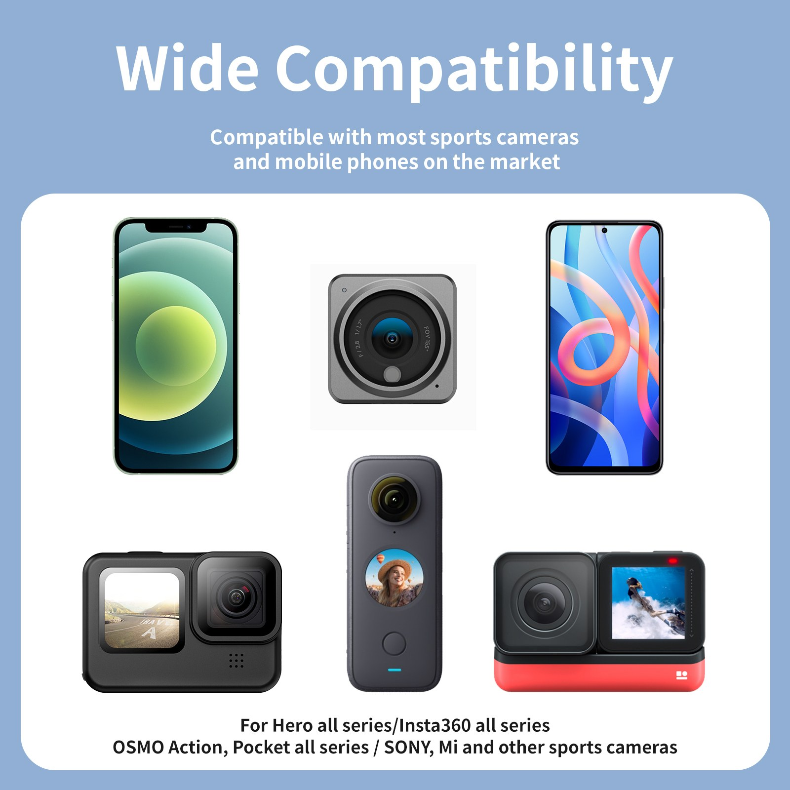 Diverse smartphones en actiecameraproducten tonen brede compatibiliteit op een blauwe achtergrond.