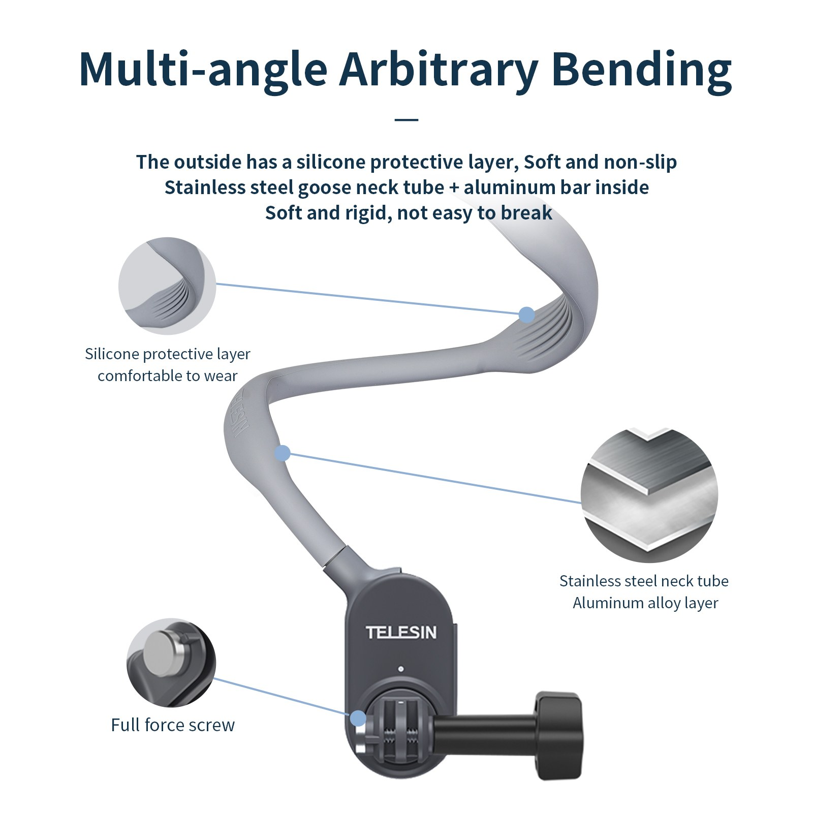 Diagram van een flexibele nekbeugel met siliconen laag, stalen buis en Telesin bevestiging.