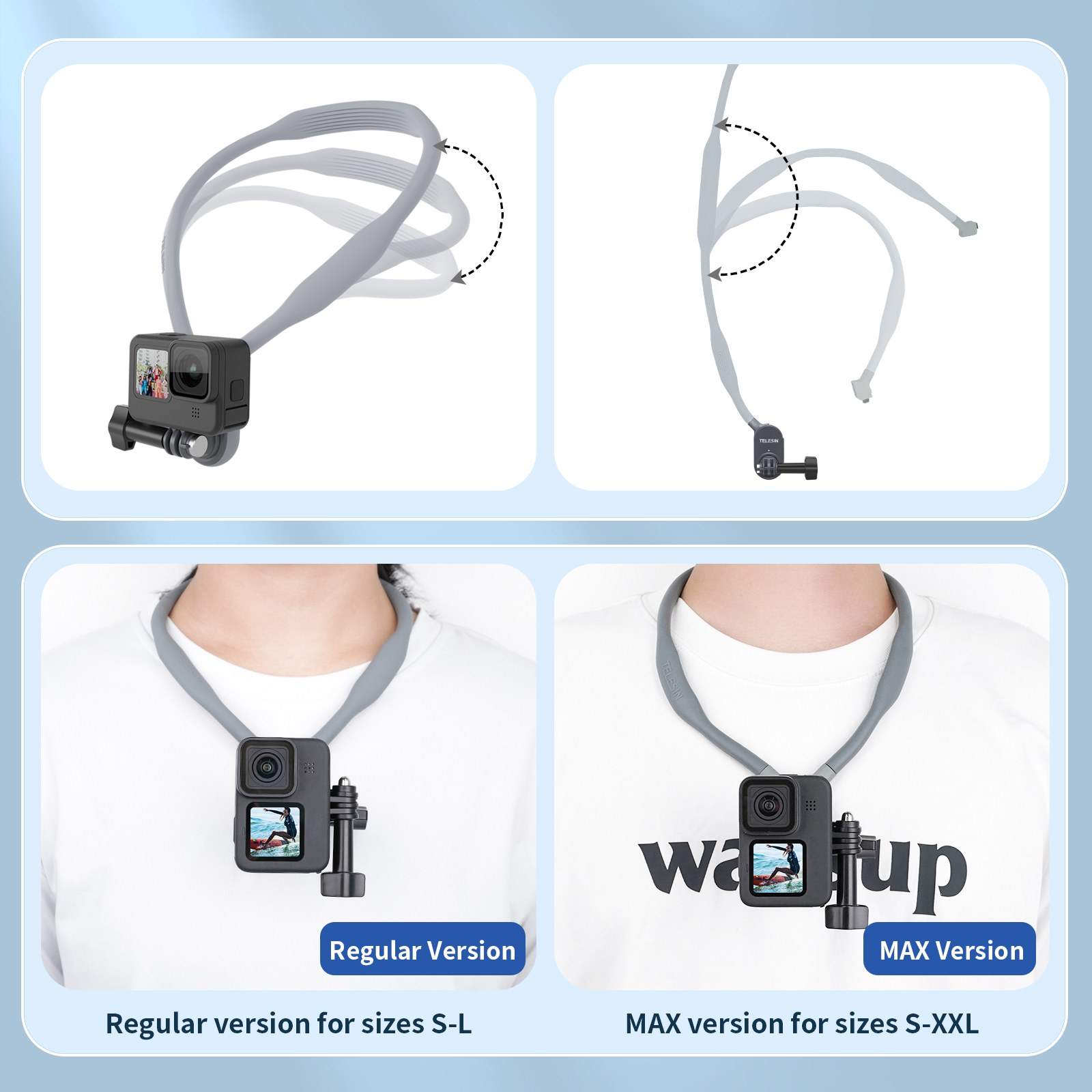 Vergelijking van Regular en MAX cameranekmounts gedragen door personen.