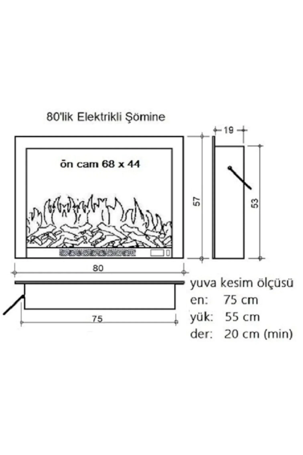 Santimetre cinsinden ölçüleri olan elektrikli şöminenin teknik çizimi.
