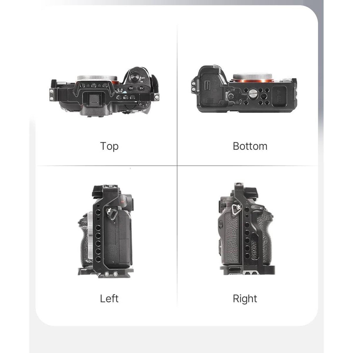 Four views of a black camera cage: top, bottom, left, and right on a white background.