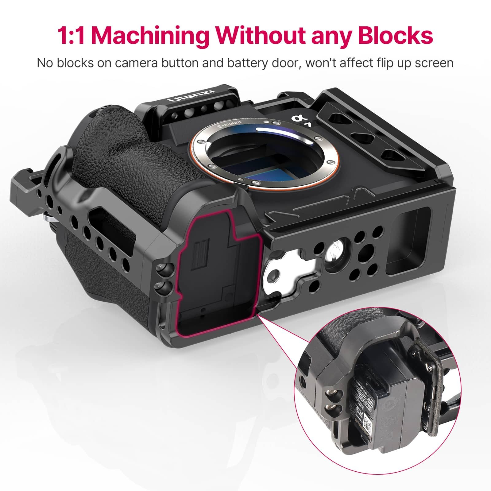 A black camera cage allowing unobstructed access to the battery door.