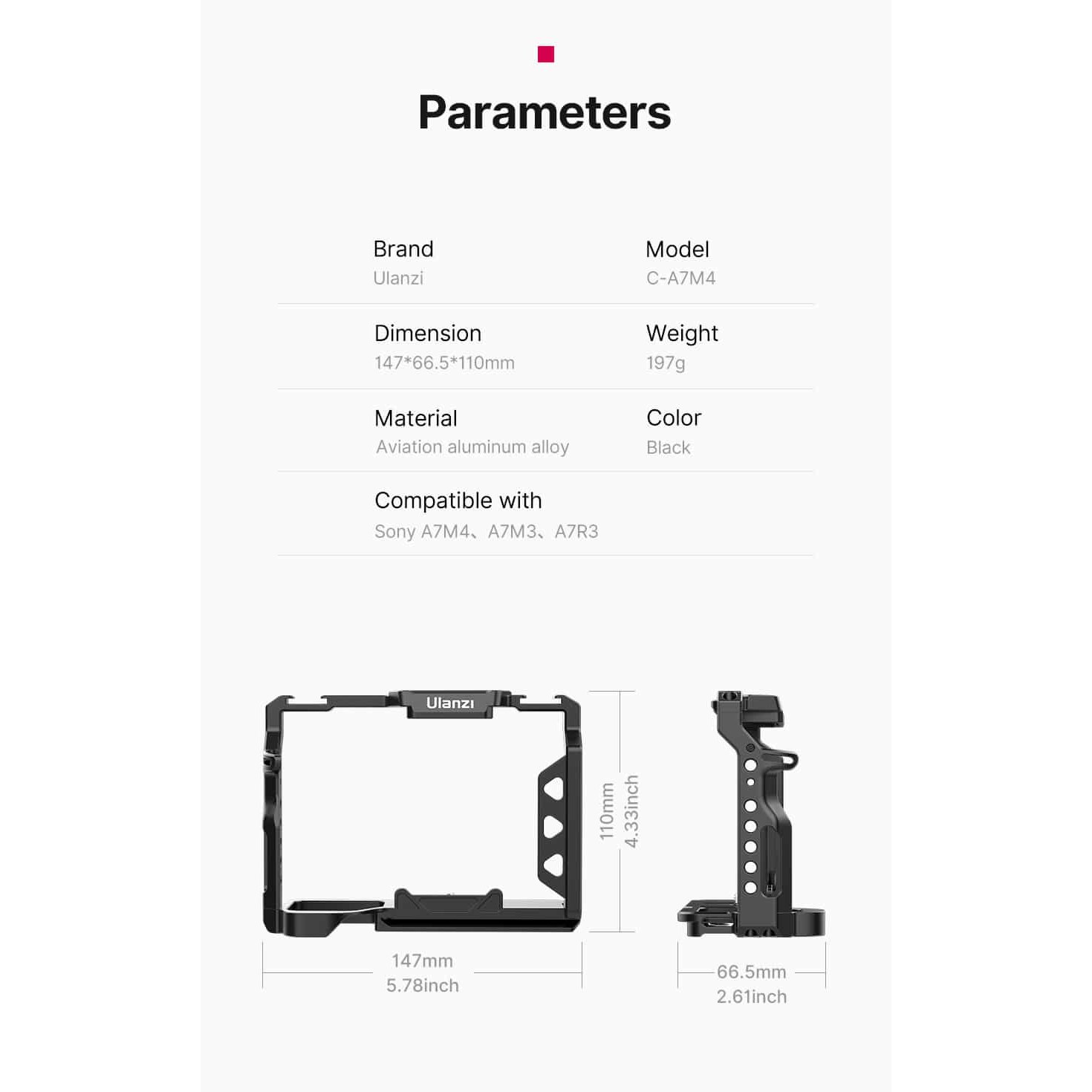 Technical specifications and dimensional diagrams for the black Ulanzi C-A7M4 camera cage.