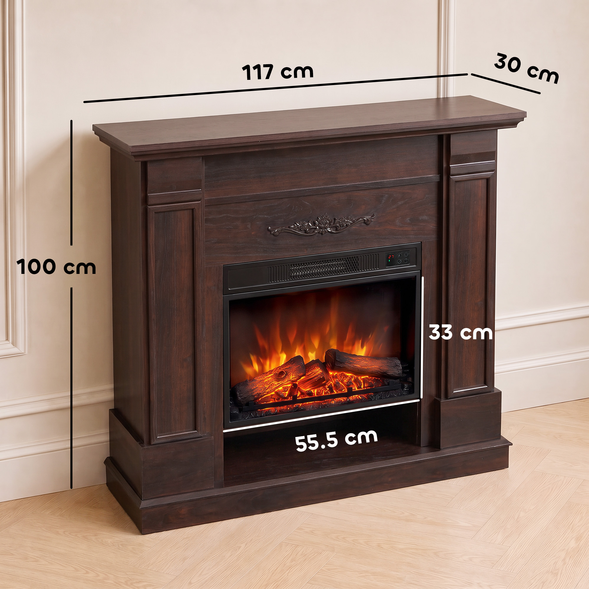 Camino elettrico in legno scuro con dimensioni: 117 cm di larghezza, 100 cm di altezza, 30 cm di profondità, focolare 33x55.5 cm.