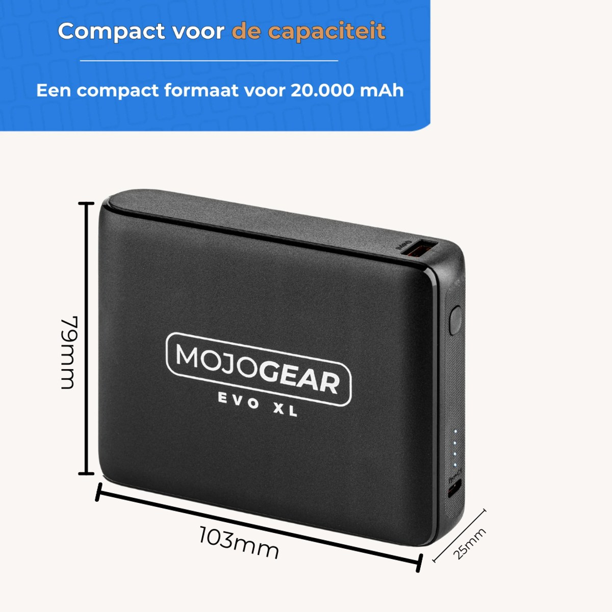 Batterie externe noire Mojogear Evo XL avec dimensions 79mm, 103mm et 25mm.