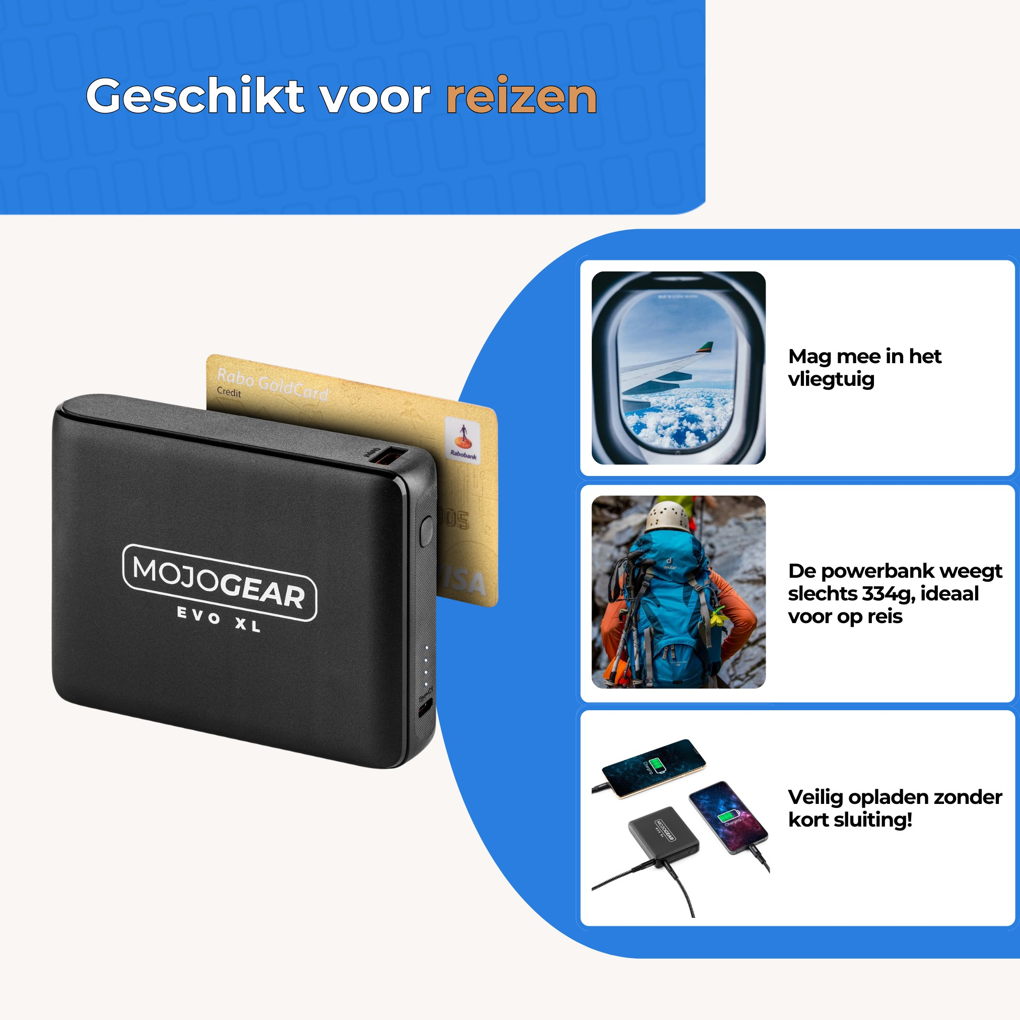 Batterie externe noire Mojogear Evo XL, idéale pour les voyages, autorisée en avion et charge sûre.