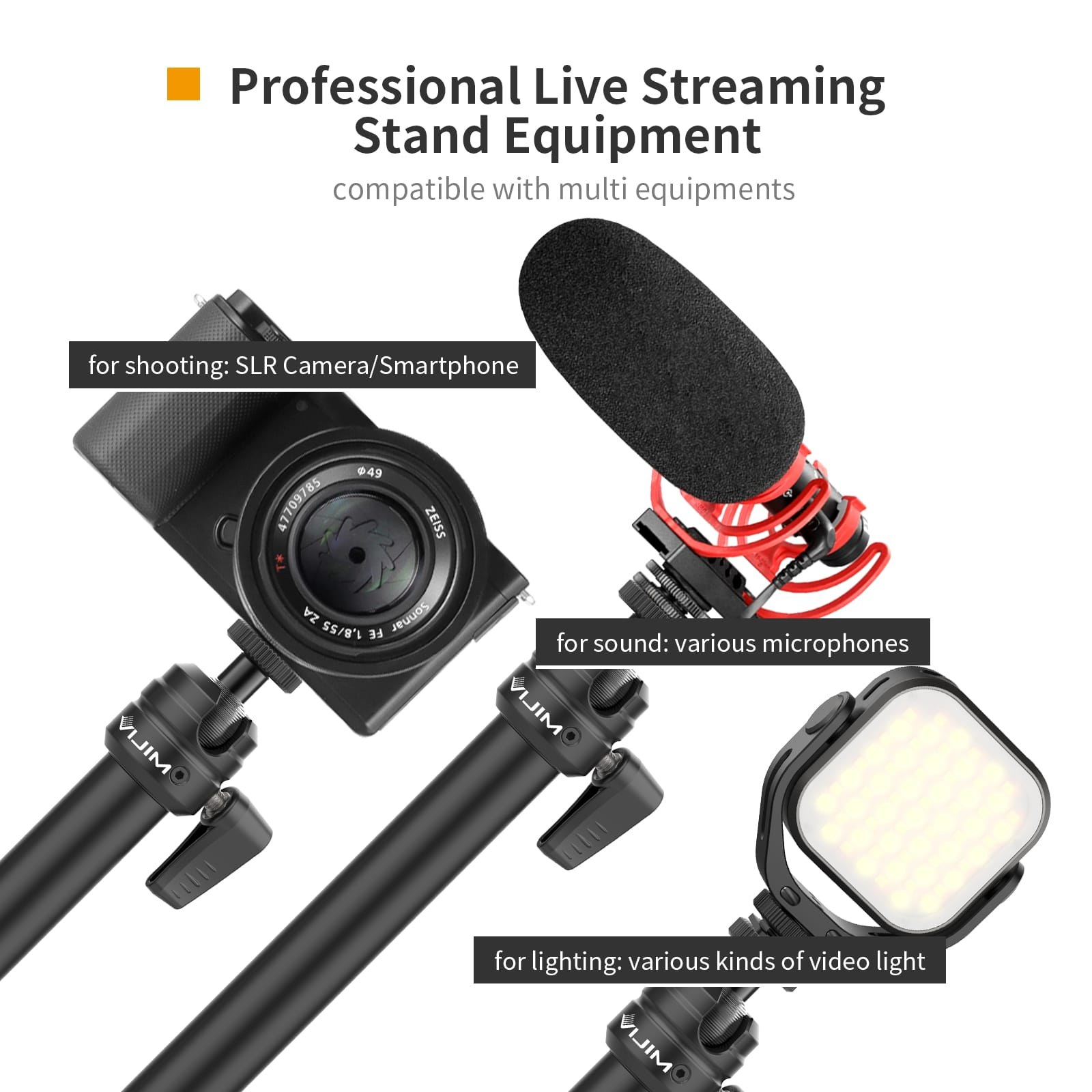 Professionelles Live-Streaming-Stand-Equipment mit Kamera, Mikrofon und Licht.