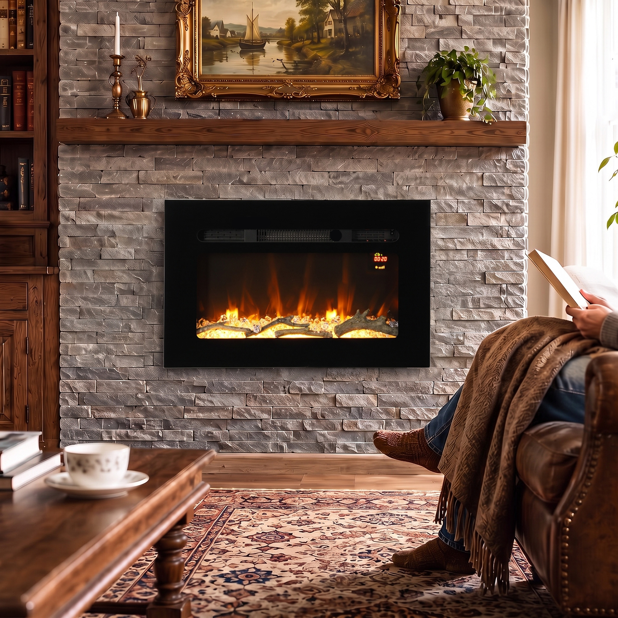 Una persona siede comodamente con una coperta davanti a un moderno caminetto elettrico, leggendo un libro.
