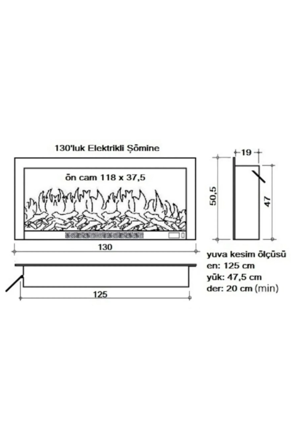 Ölçüleri ile birlikte 130 cm elektrikli şöminenin teknik çizimi.