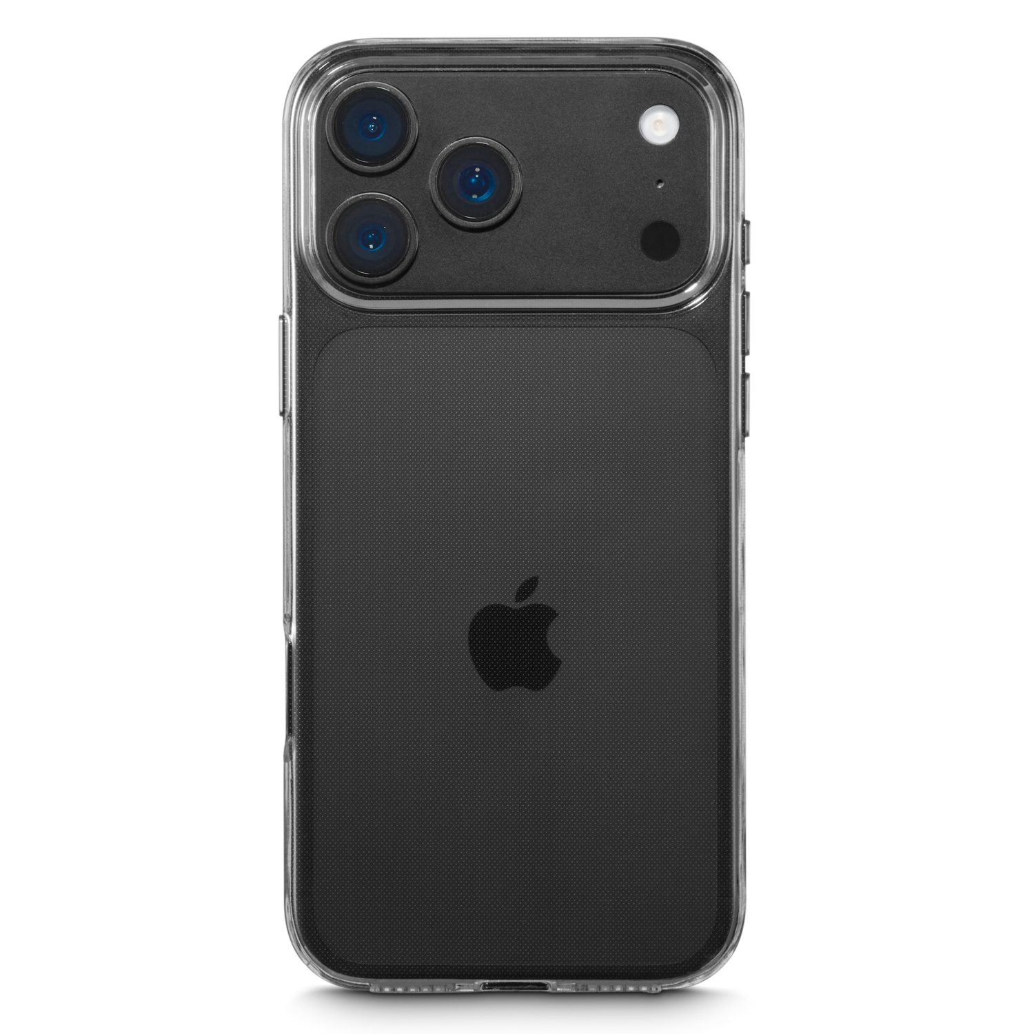 Rückseite eines iPhones in einer transparenten Hülle mit drei Kameras oben.