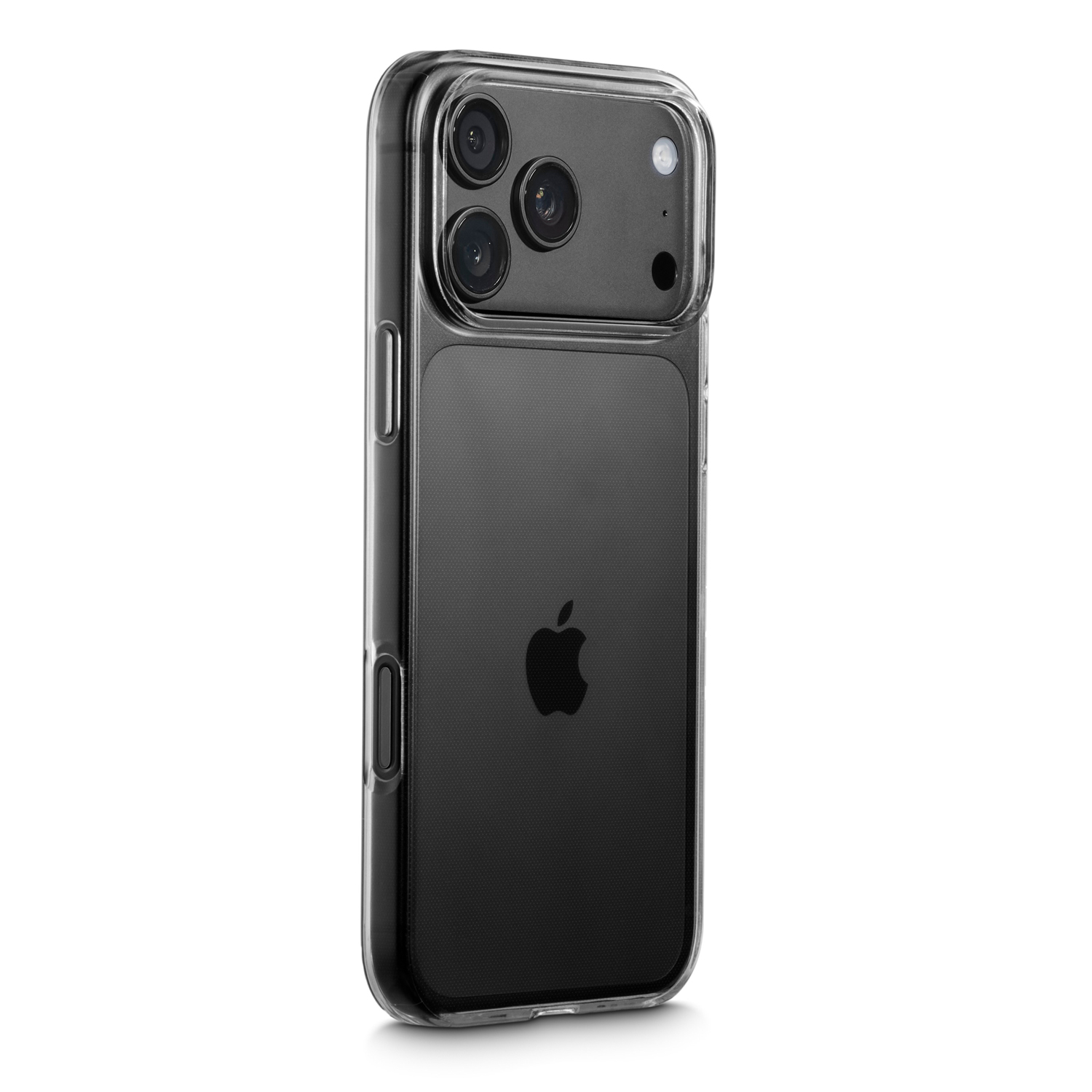 Ein schwarzes Smartphone in einer klaren Schutzhülle, angewinkelt, um die dreifache Kamera und das Apple-Logo zu zeigen.