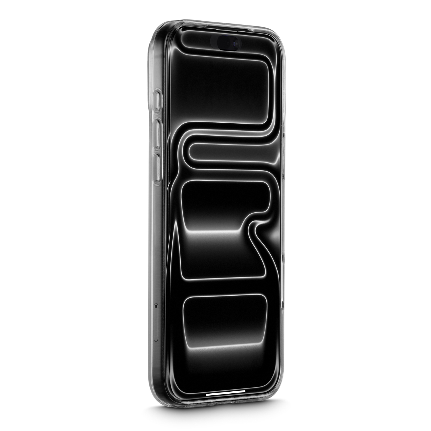 Ein Smartphone in einer klaren Hülle mit schwarzem Bildschirm und abstrakten weißen Linien.