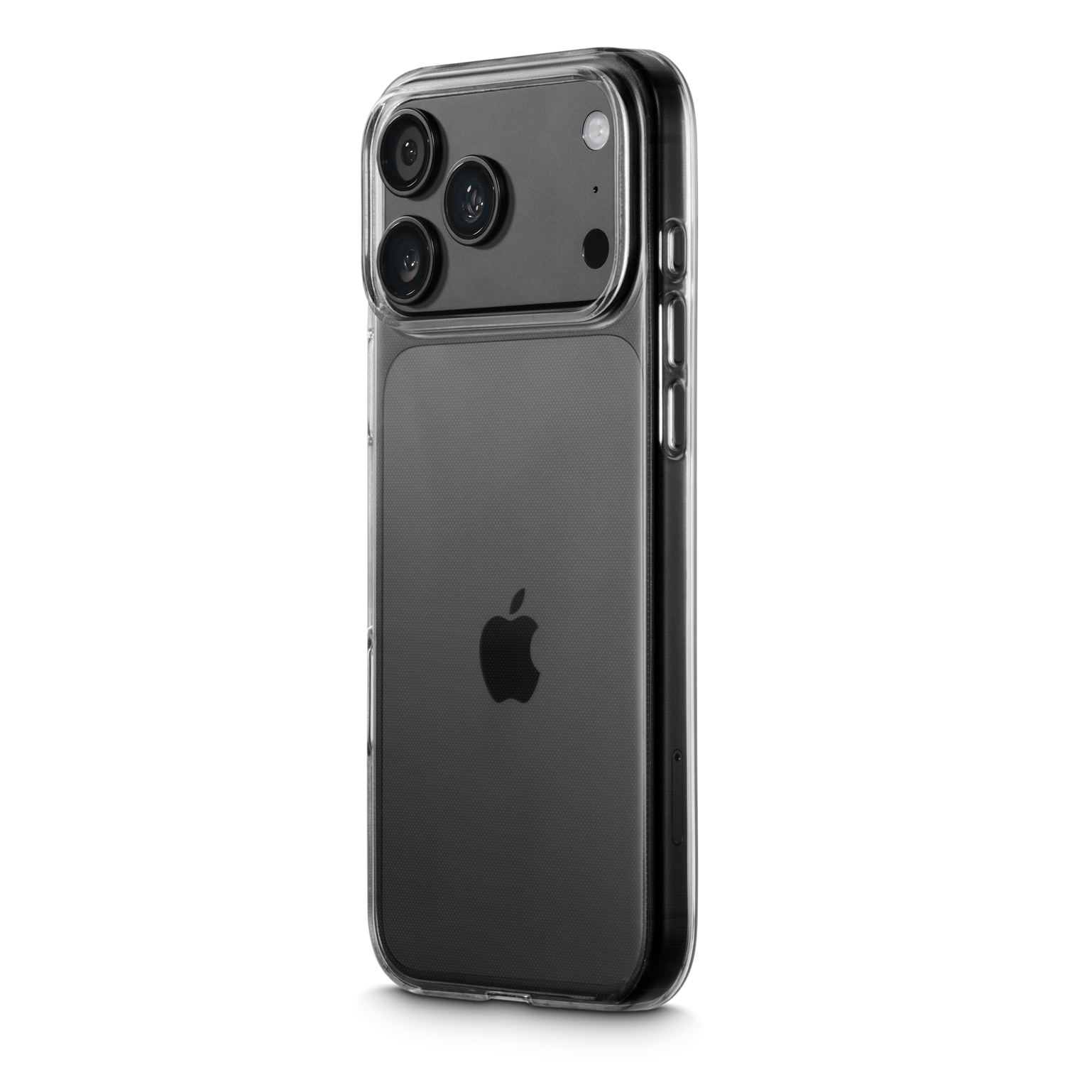 Rückansicht eines dunklen Smartphones mit einer klaren Schutzhülle und Apple-Logo, isoliert vor weißem Hintergrund.