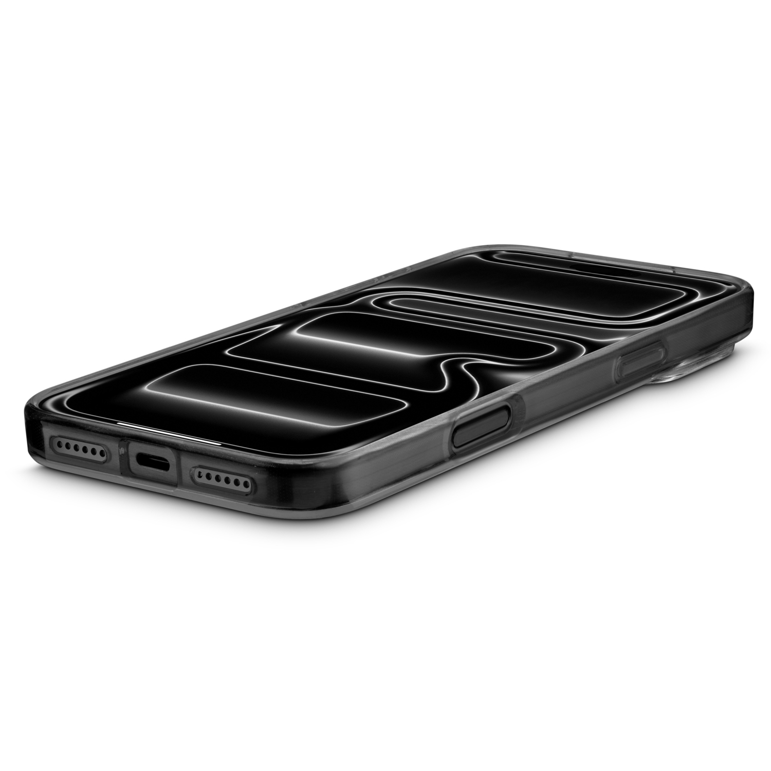 Ein schwarzes Smartphone in einer dunklen Hülle liegt schräg auf einer weißen Oberfläche und zeigt Lautsprecher und Anschlüsse.