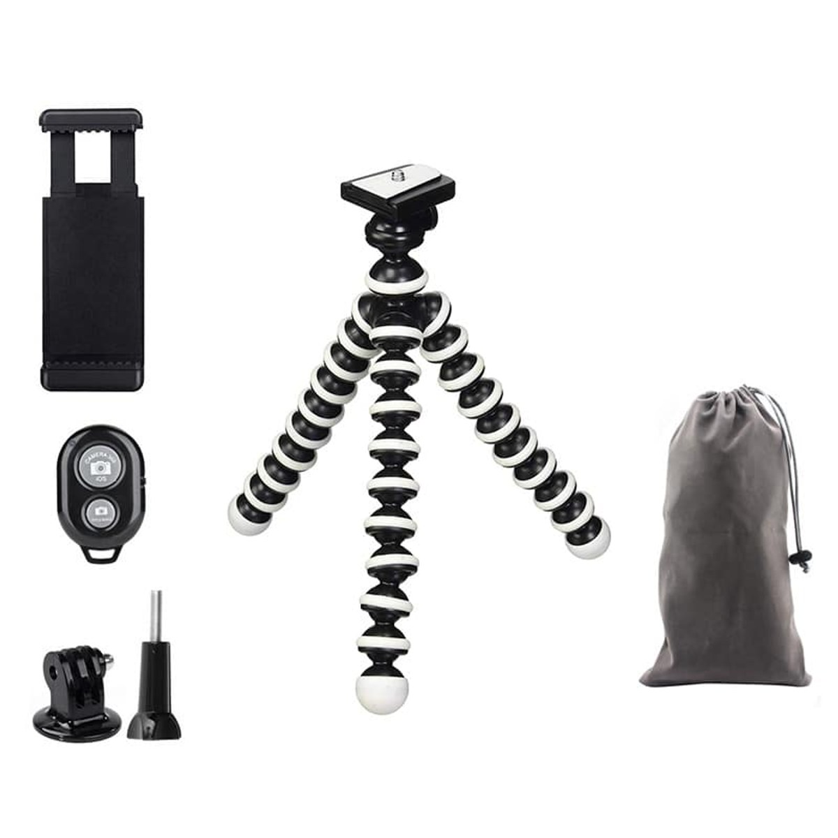 Flexible tripod with phone mount, remote, GoPro adapter, and storage pouch on a white background.