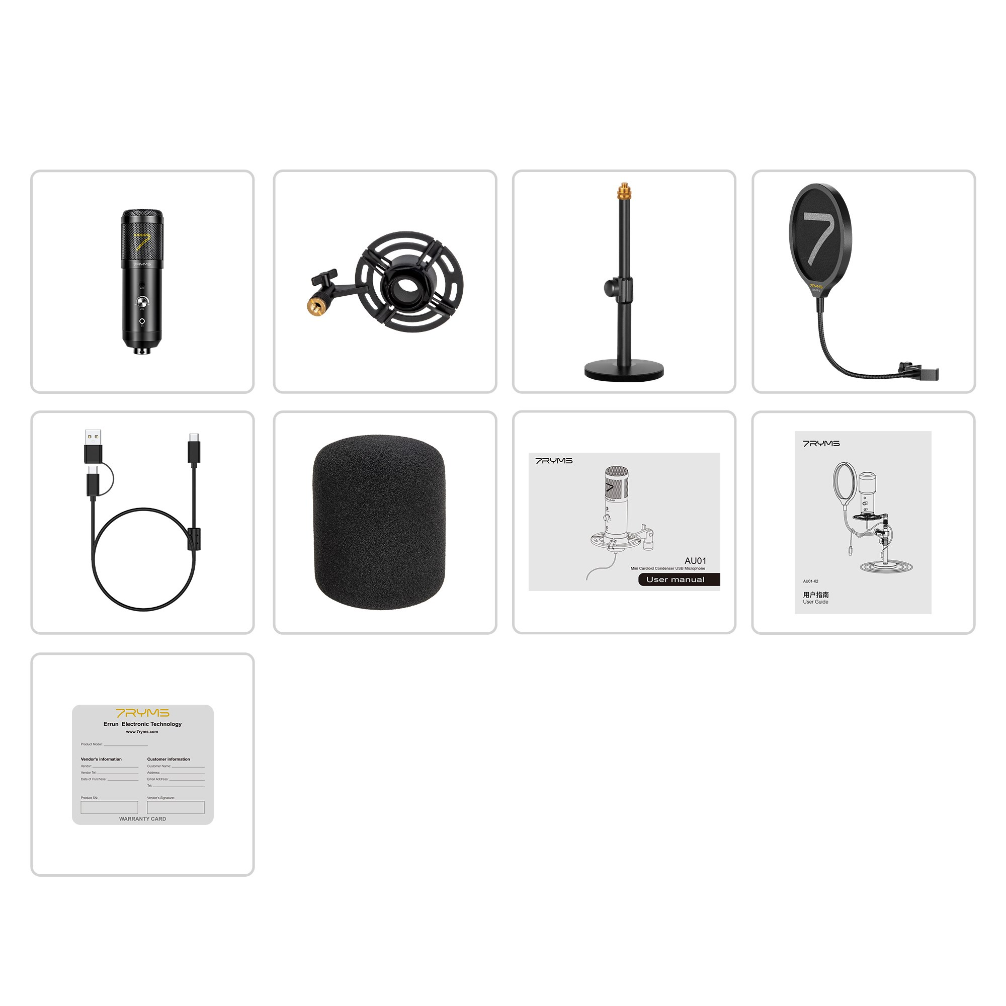 Various parts of a black USB microphone kit, including mic, mount, cable, pop filter, foam, and manuals.