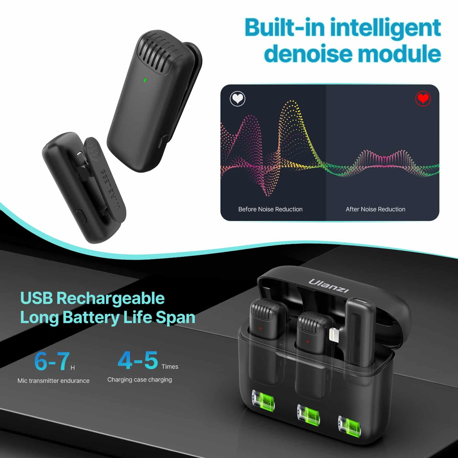 Black wireless microphones with charging case, noise reduction, and long battery life.