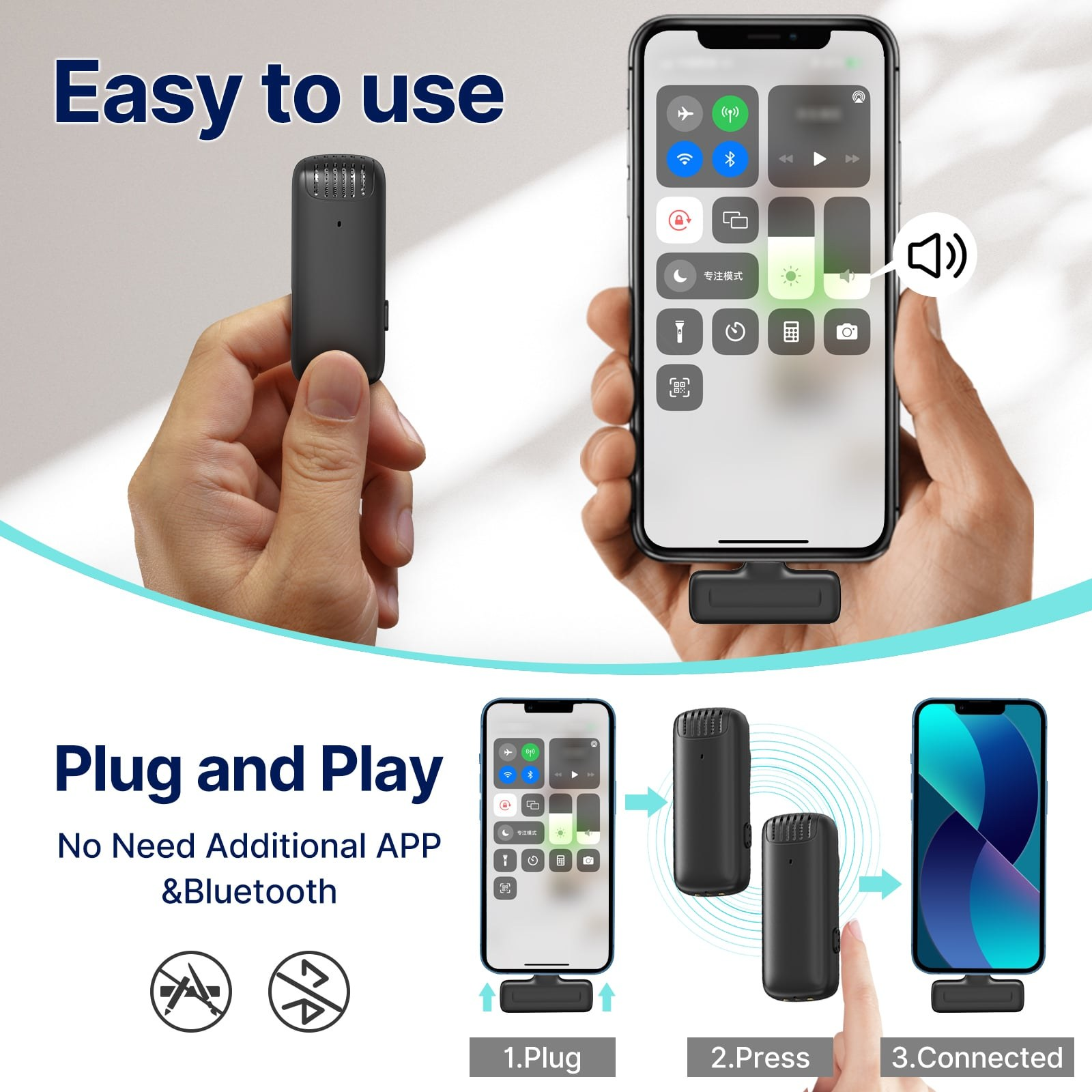 Hands holding a small black wireless microphone and a smartphone demonstrating plug-and-play setup steps.
