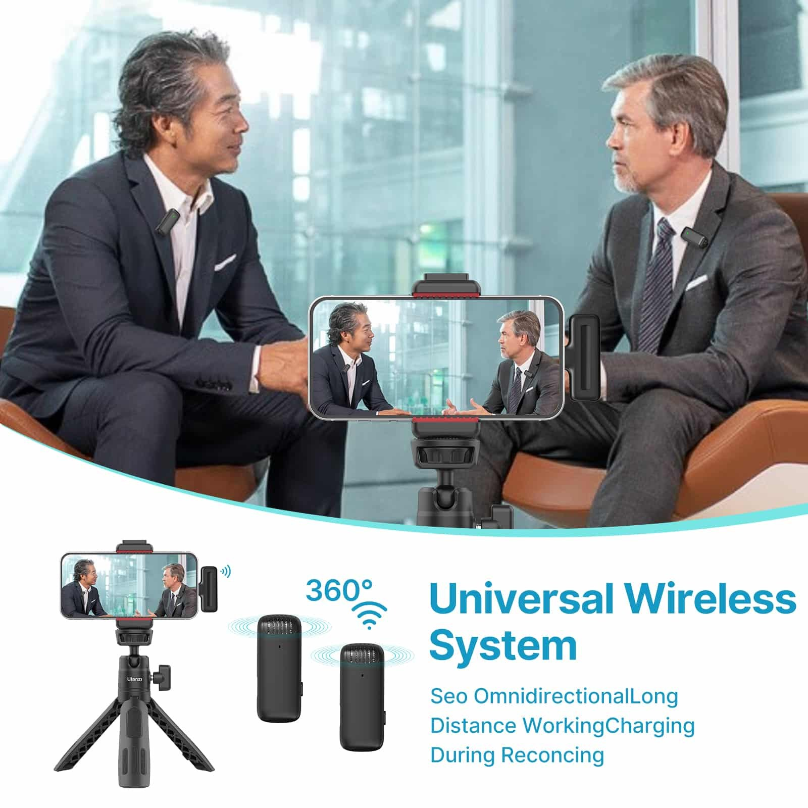 Two businessmen sit in chairs talking, shown on a smartphone on a tripod with wireless microphones nearby.