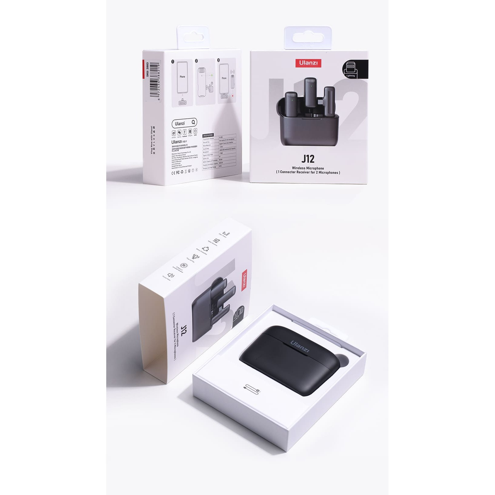 Ulanzi J12 wireless microphone and charging case in white packaging on a light background.