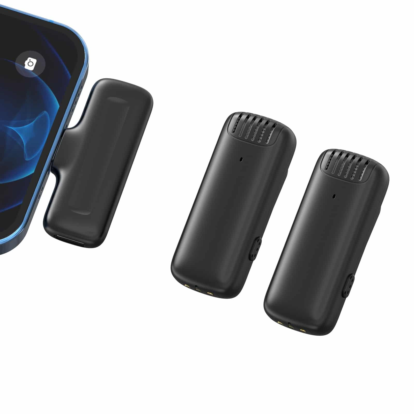 A smartphone with an attached receiver and two wireless black microphones beside it.