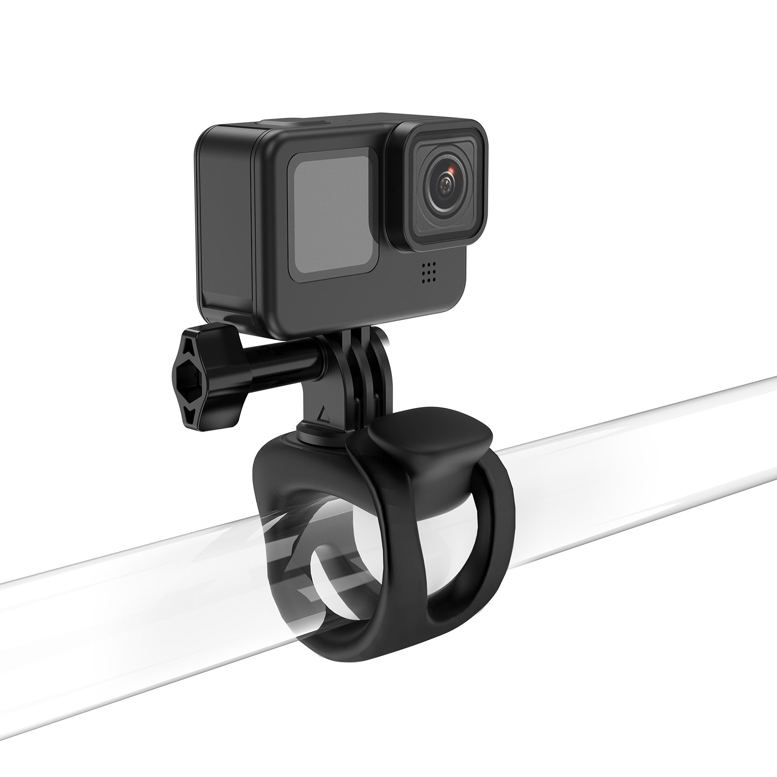Een zwarte actiecamera is gemonteerd op een stuurklem bevestigd aan een transparante stang.