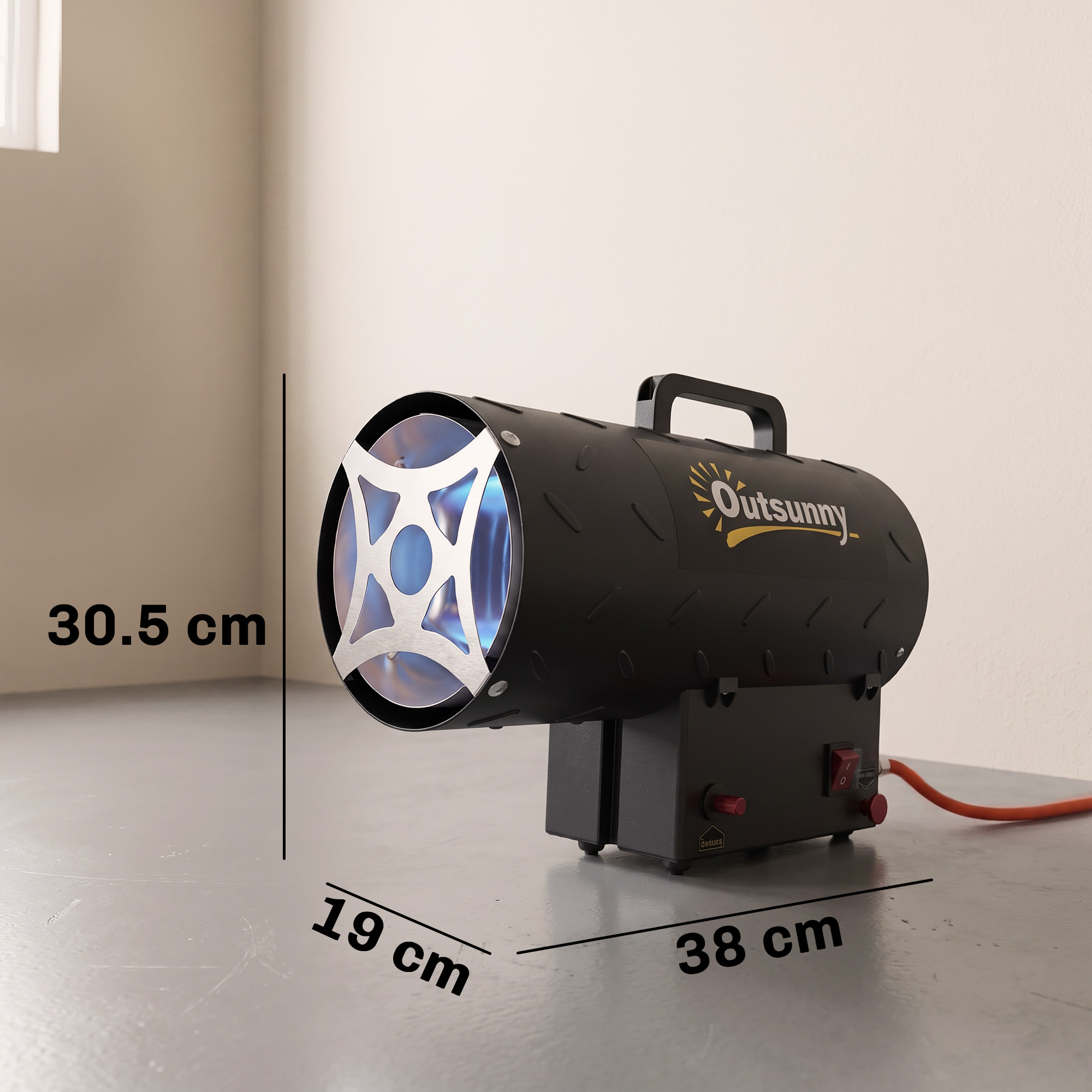 Riscaldatore Outsunny nero con dimensioni di 38x19x30,5 cm in una stanza.