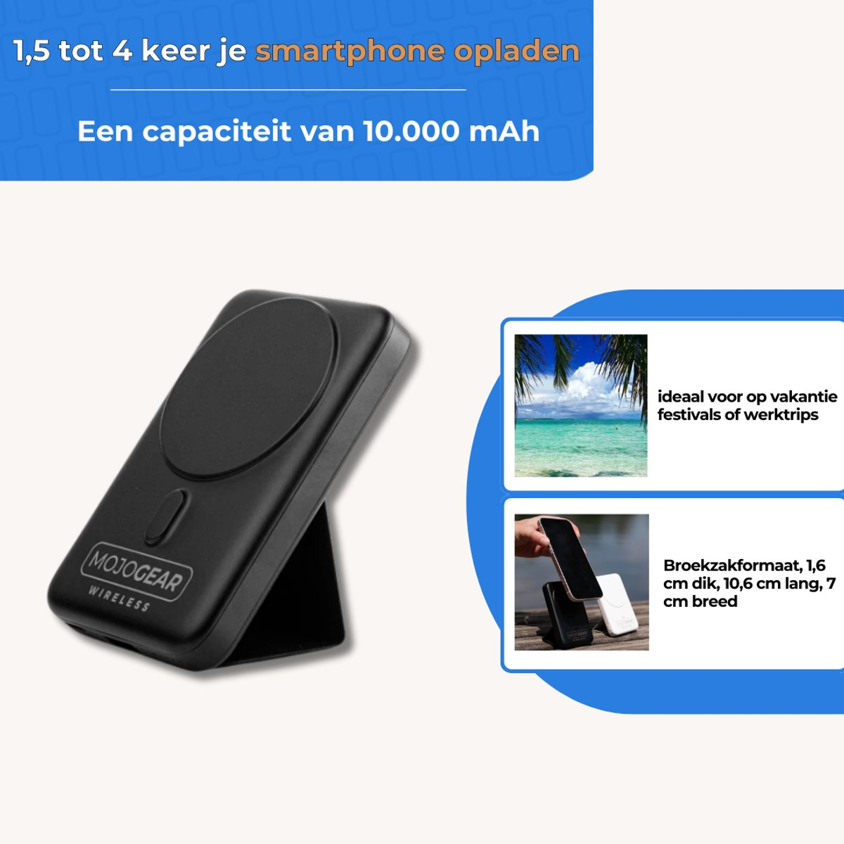Black Mojogear wireless power bank with folding stand, text, and two inset photos.