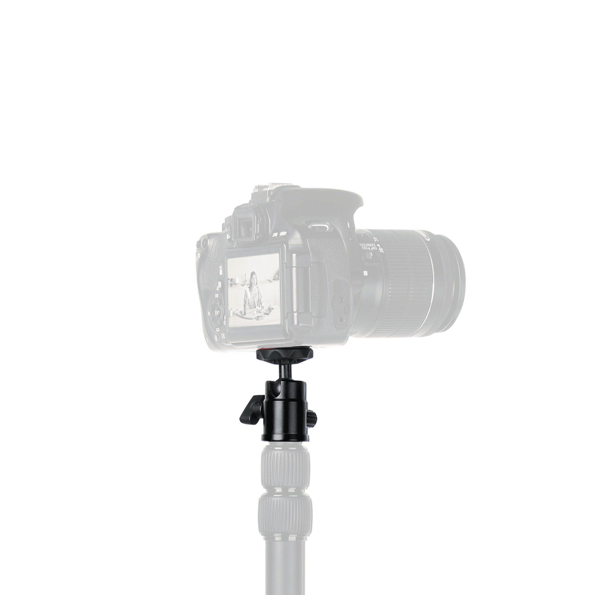 A black camera mounted on a tripod head against a white background.