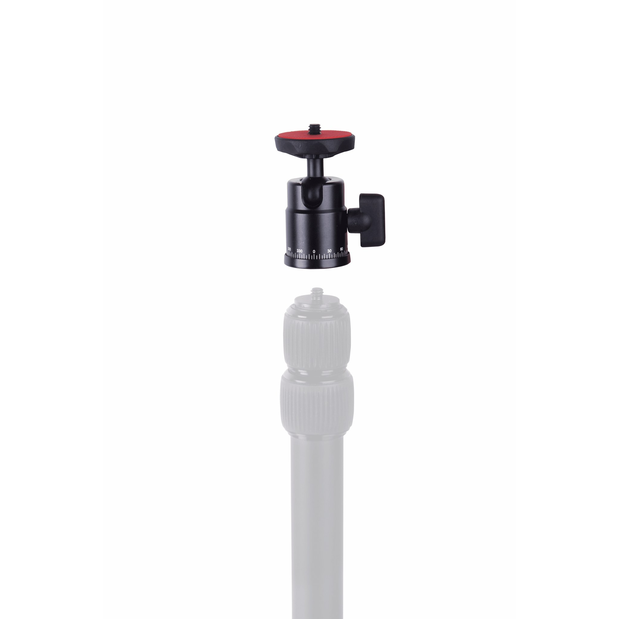 Black ball head with red plate and knob positioned above a faded tripod leg.