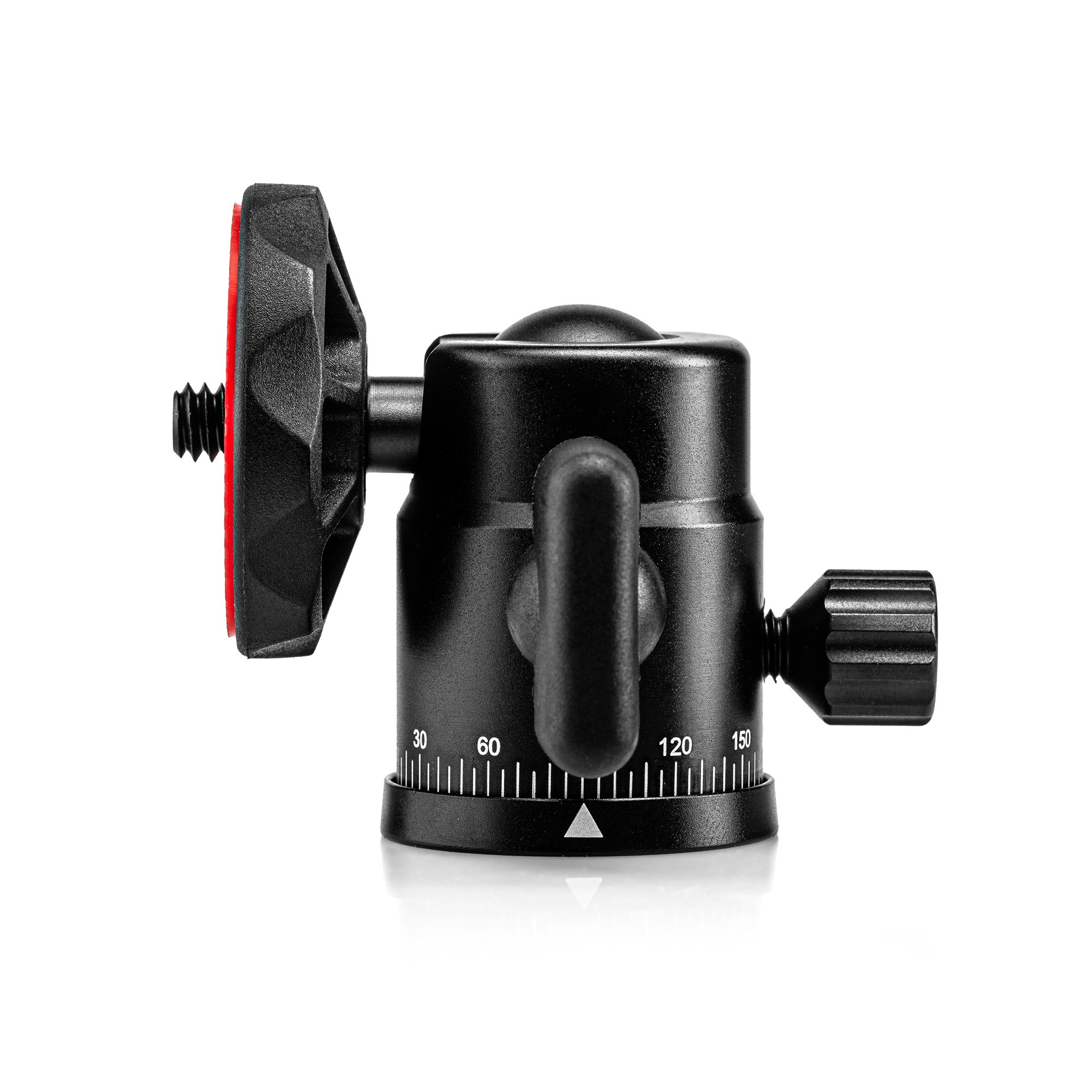 A black tripod ball head with adjustment knobs and a numbered panning base on a white background.