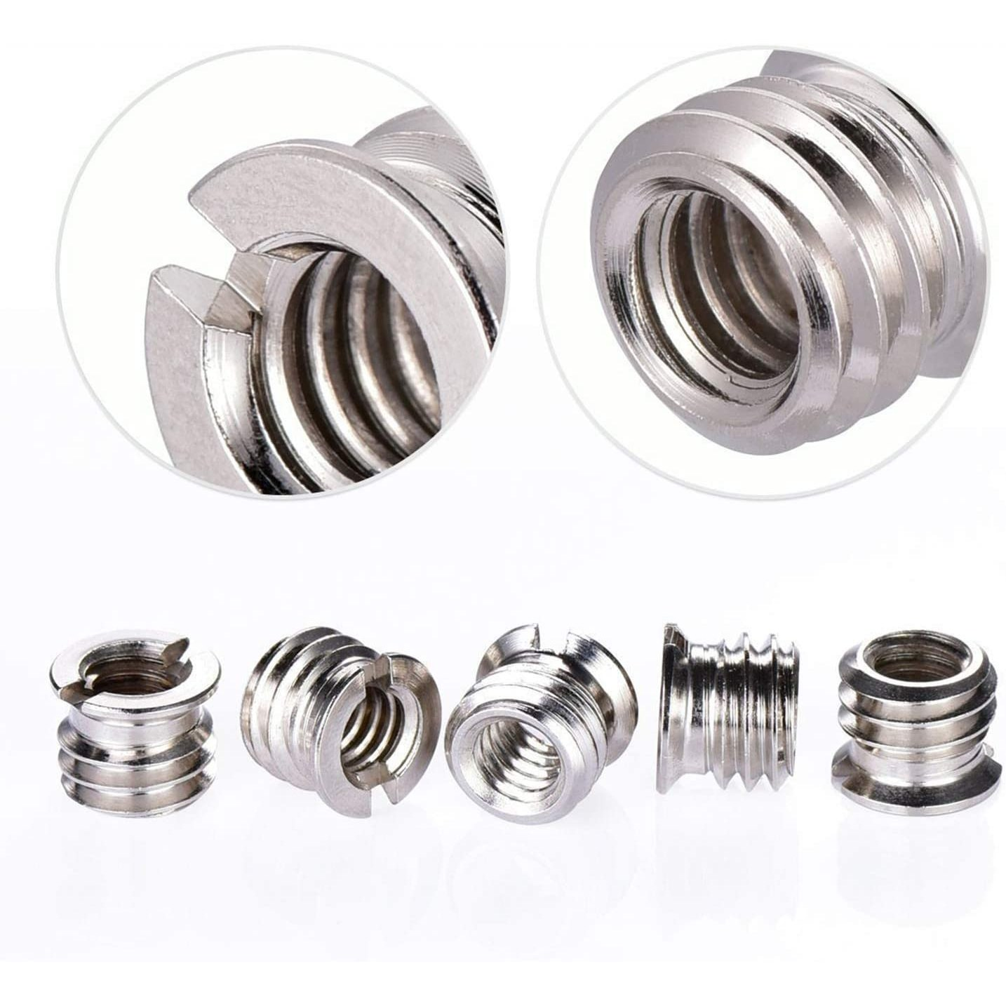 Five silver threaded inserts shown at various angles on a white background with two close-ups.
