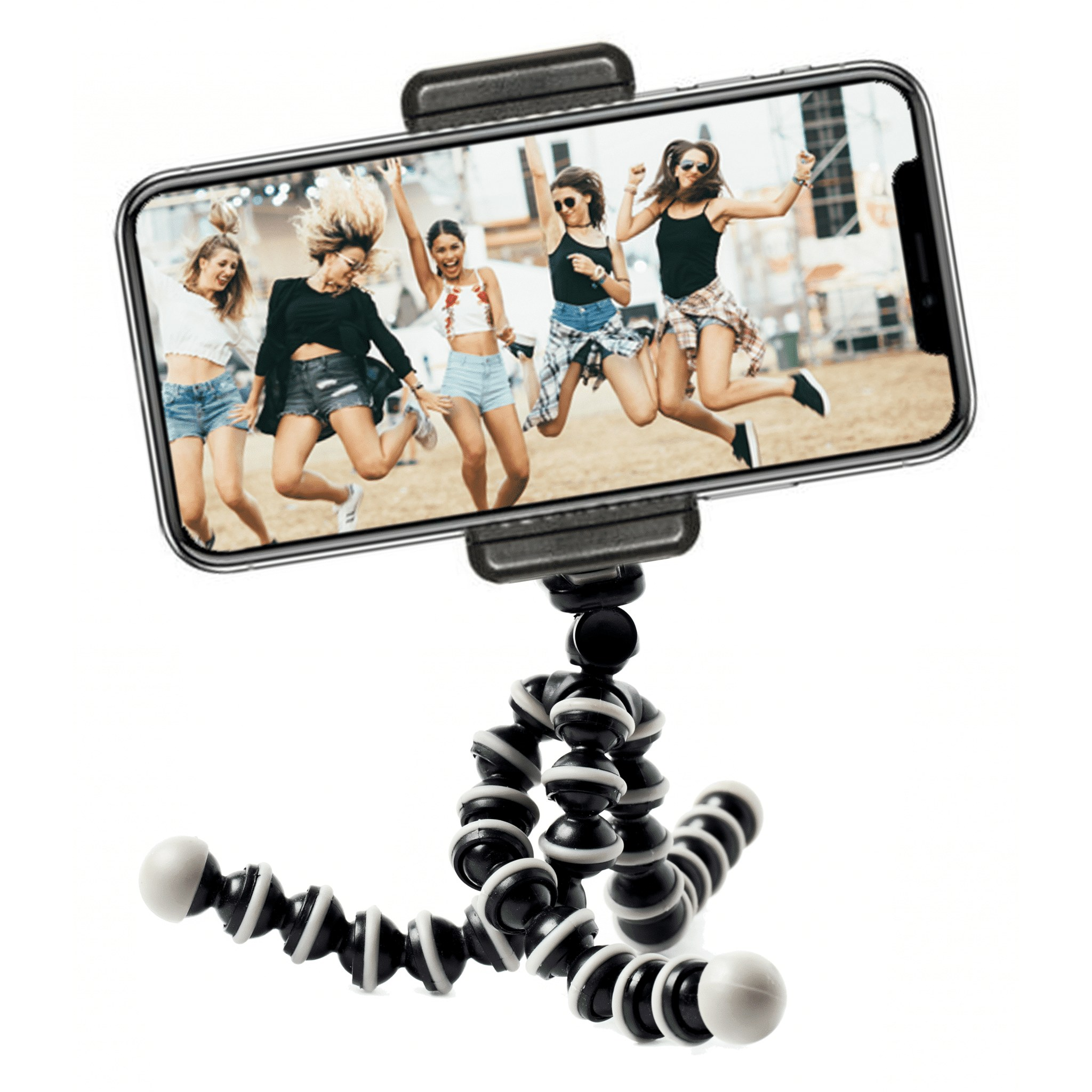 Smartphone on a flexible tripod showing five jumping women.