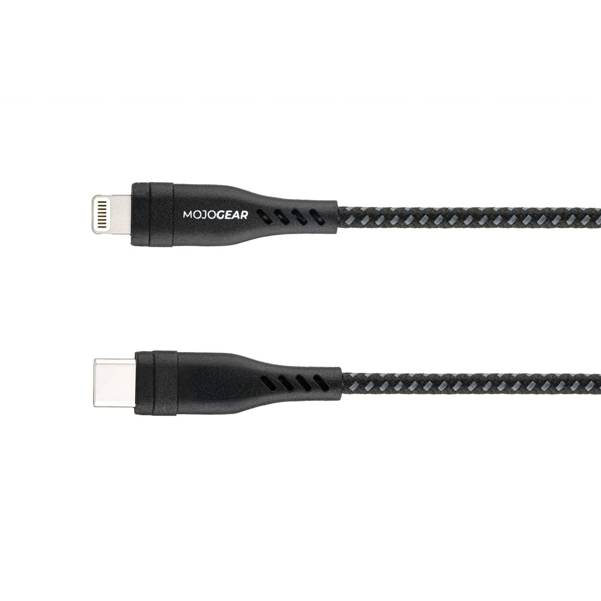 A black braided Mojogear USB-C to Lightning cable on a white background.