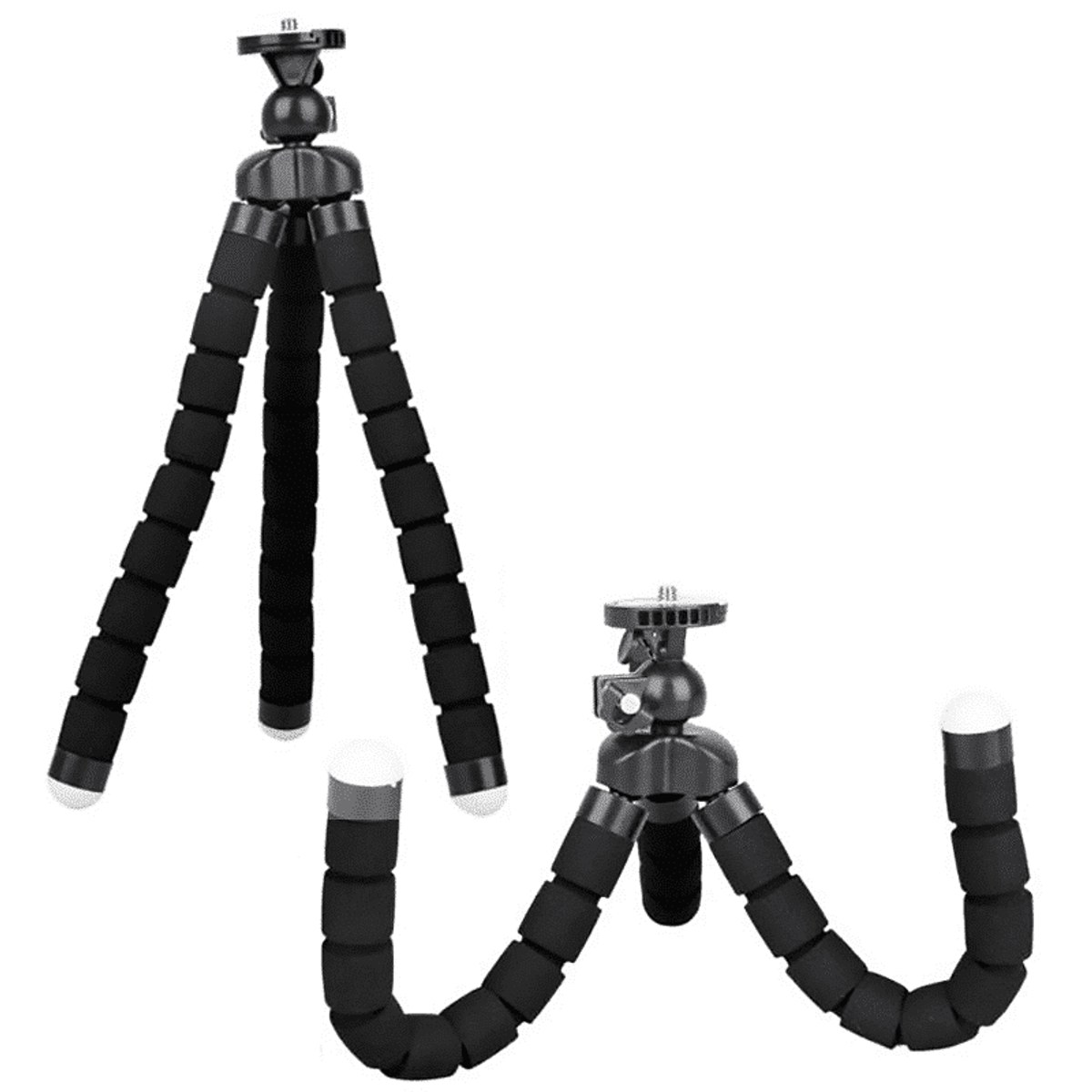 Two black flexible tripod stands with white feet on a white background.