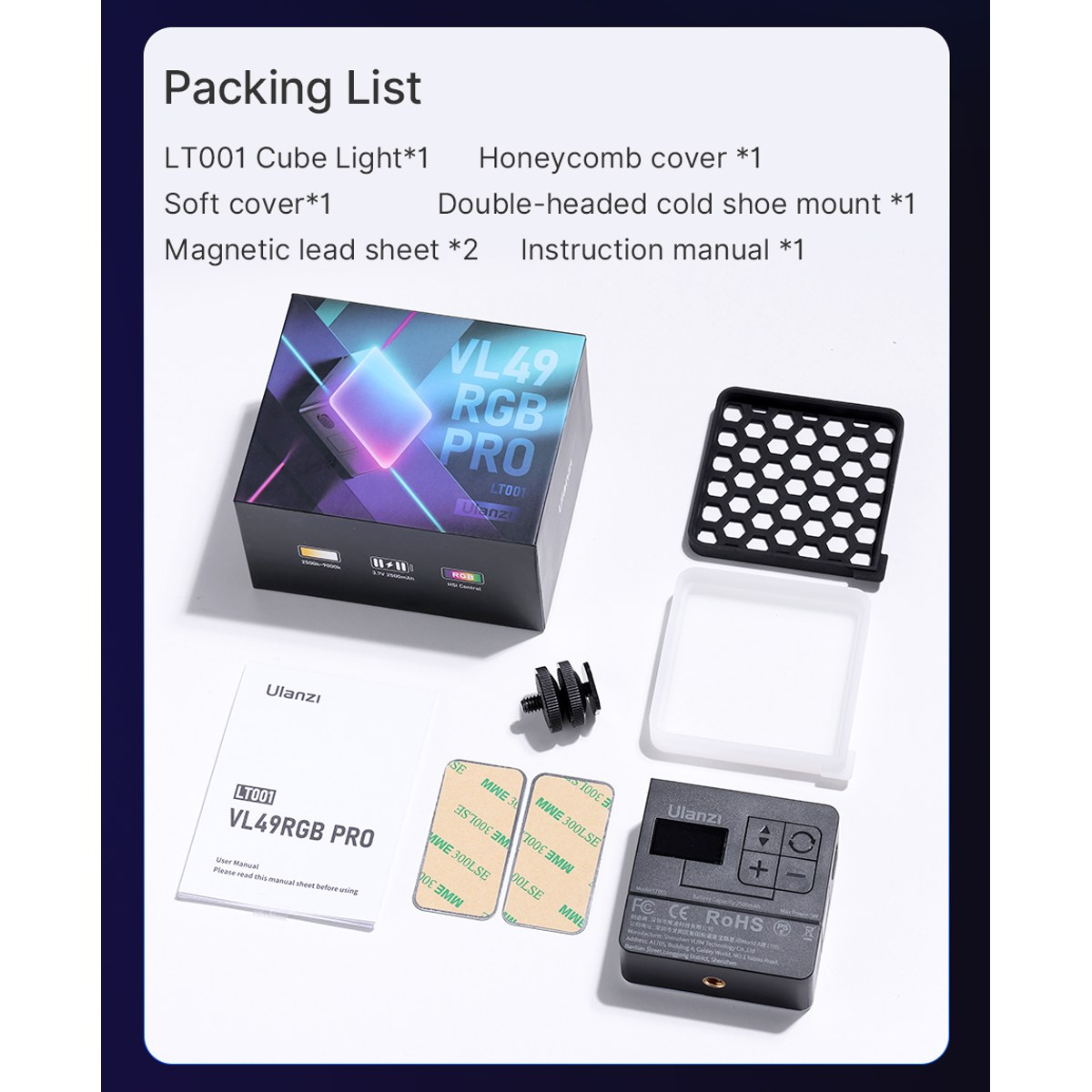 Packing list showing VL49 RGB PRO light and accessories on white.