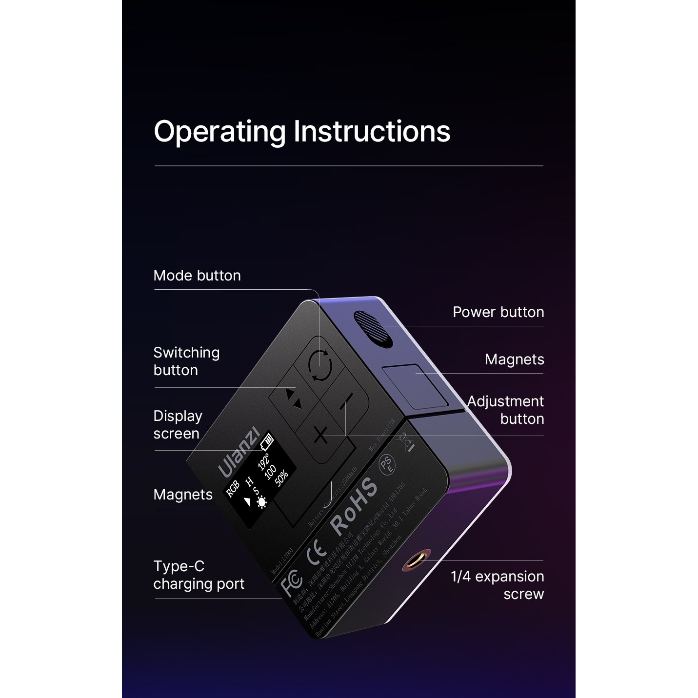 Operating instructions for a black Ulanzi device with labeled buttons, display, and ports.