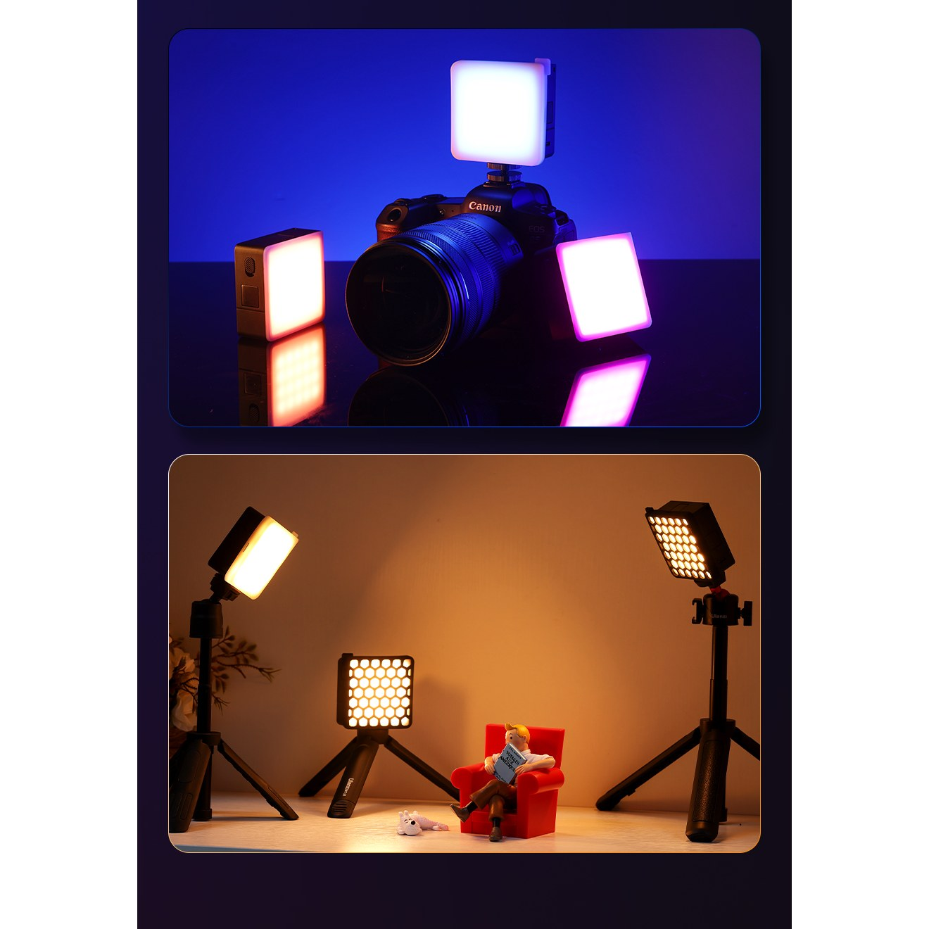 Two scenes showing a Canon camera with blue LED lights and miniature figures with warm white lights.