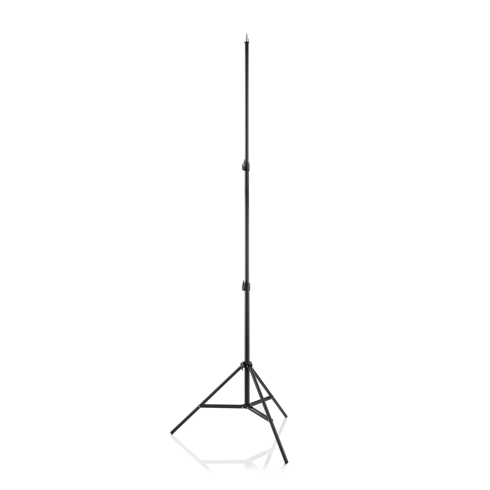 A tall black metal photography light stand with a tripod base on a white background.