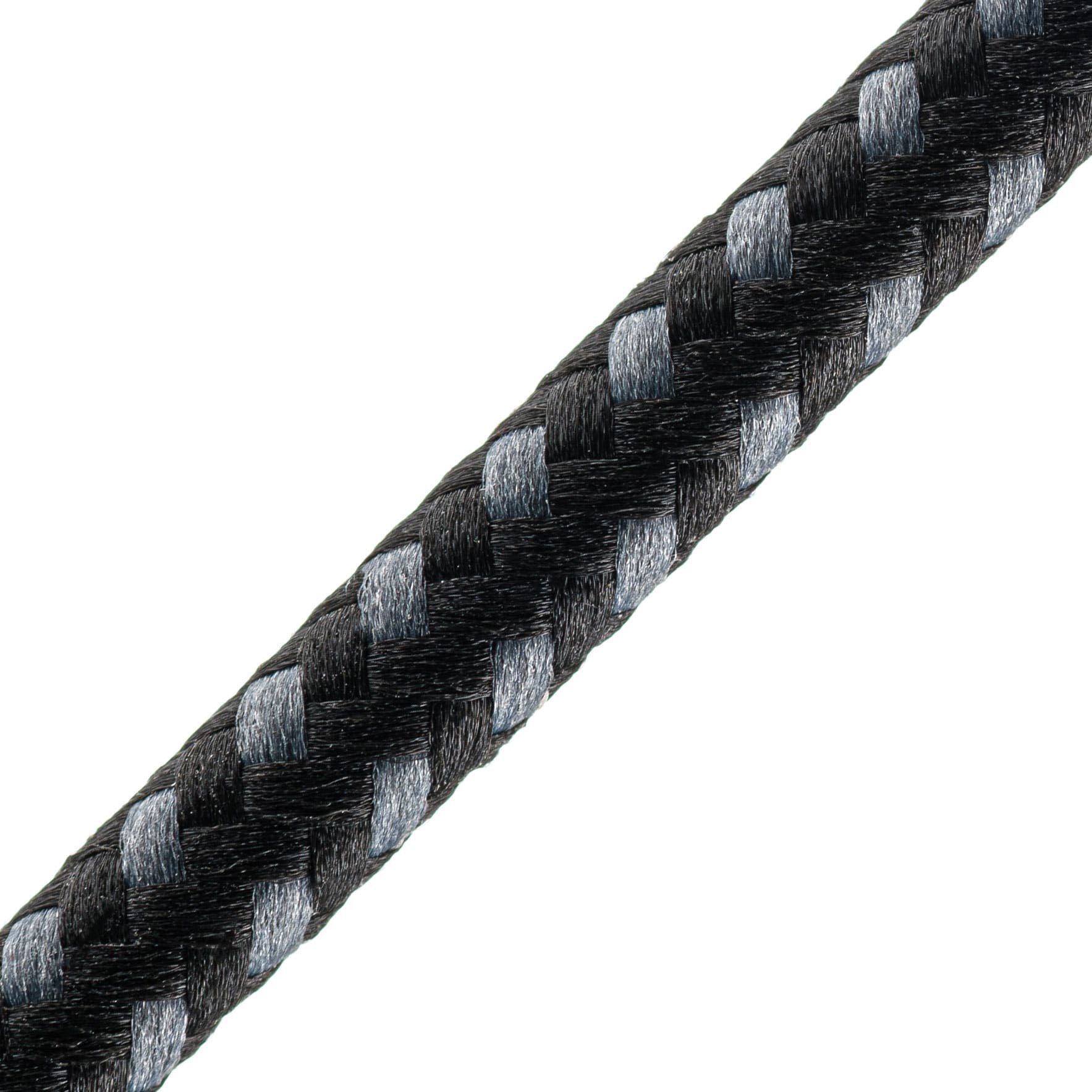 Une corde tressée noire et grise en diagonale sur fond blanc.
