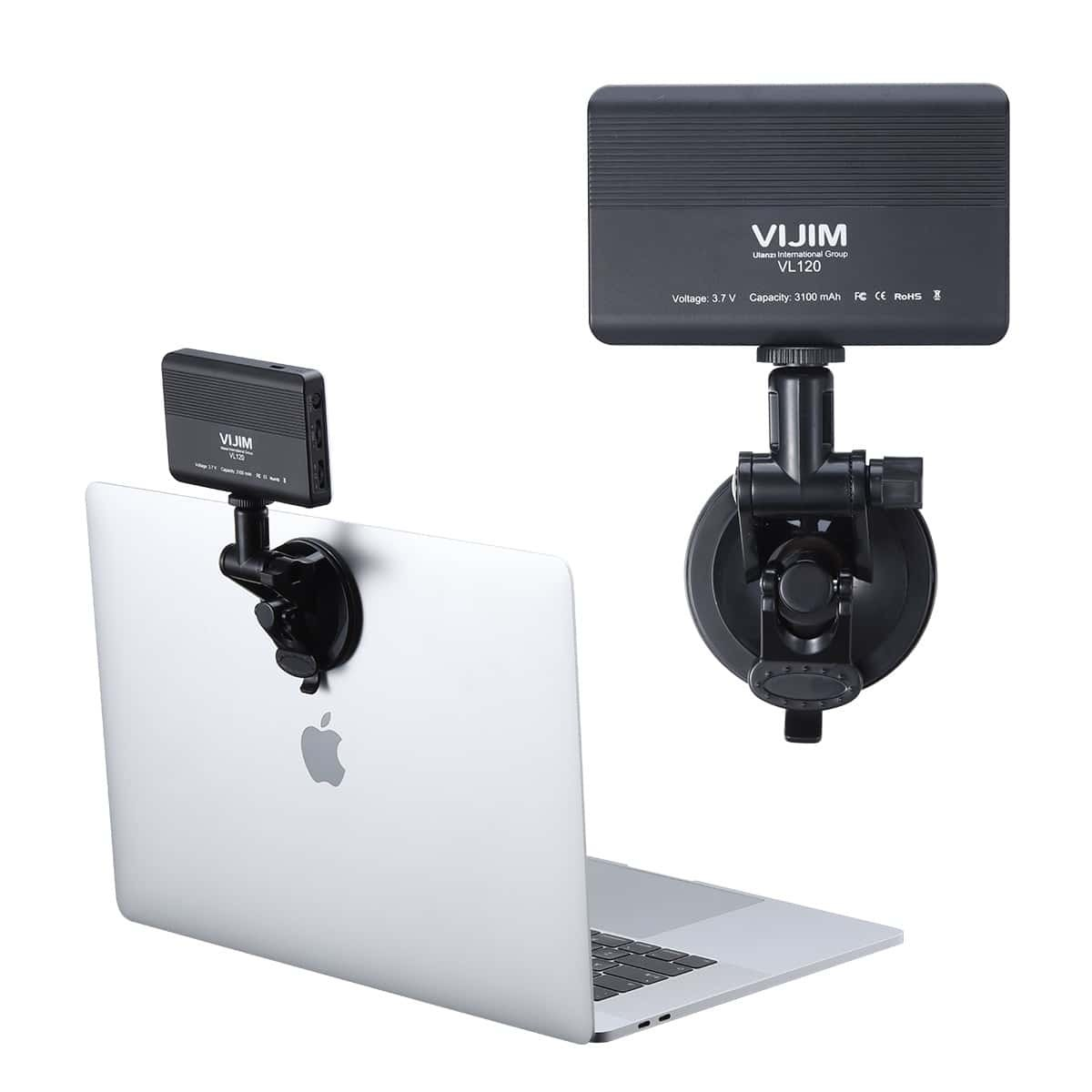 VIJIM LED video light with suction cup mount attached to a laptop and shown separately.