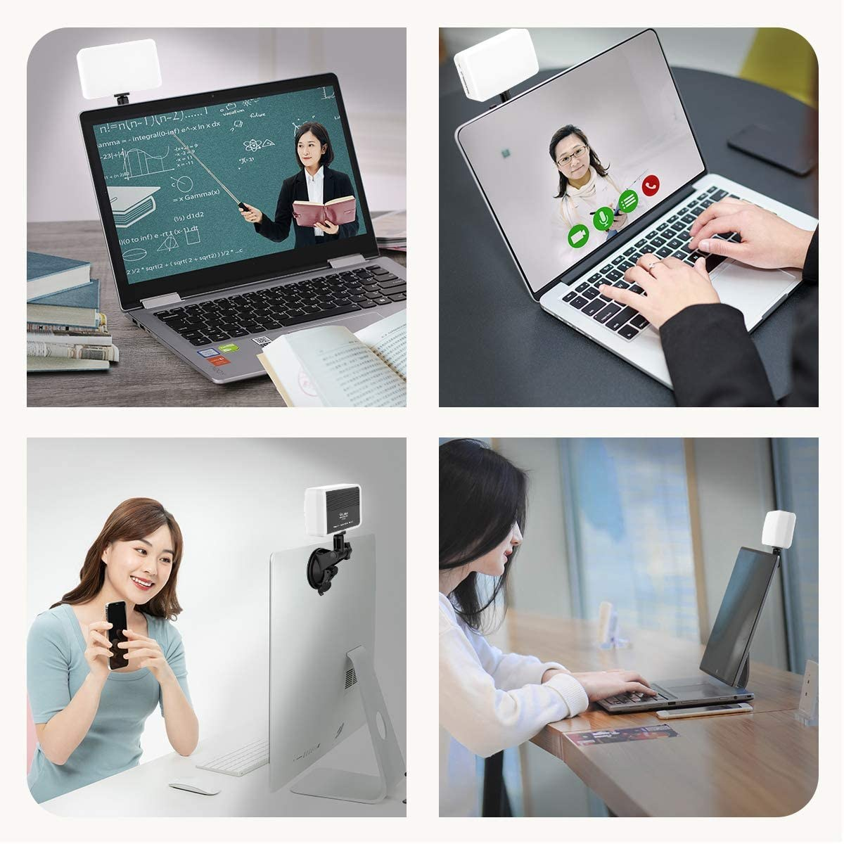 Four panels show people using laptops with small clip-on LED lights for video calls, teaching, and working.