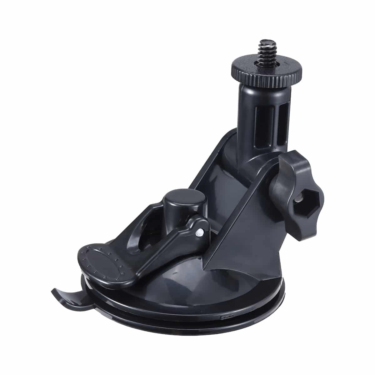 Black plastic suction cup mount with screw attachment and adjustment knob on a white background.