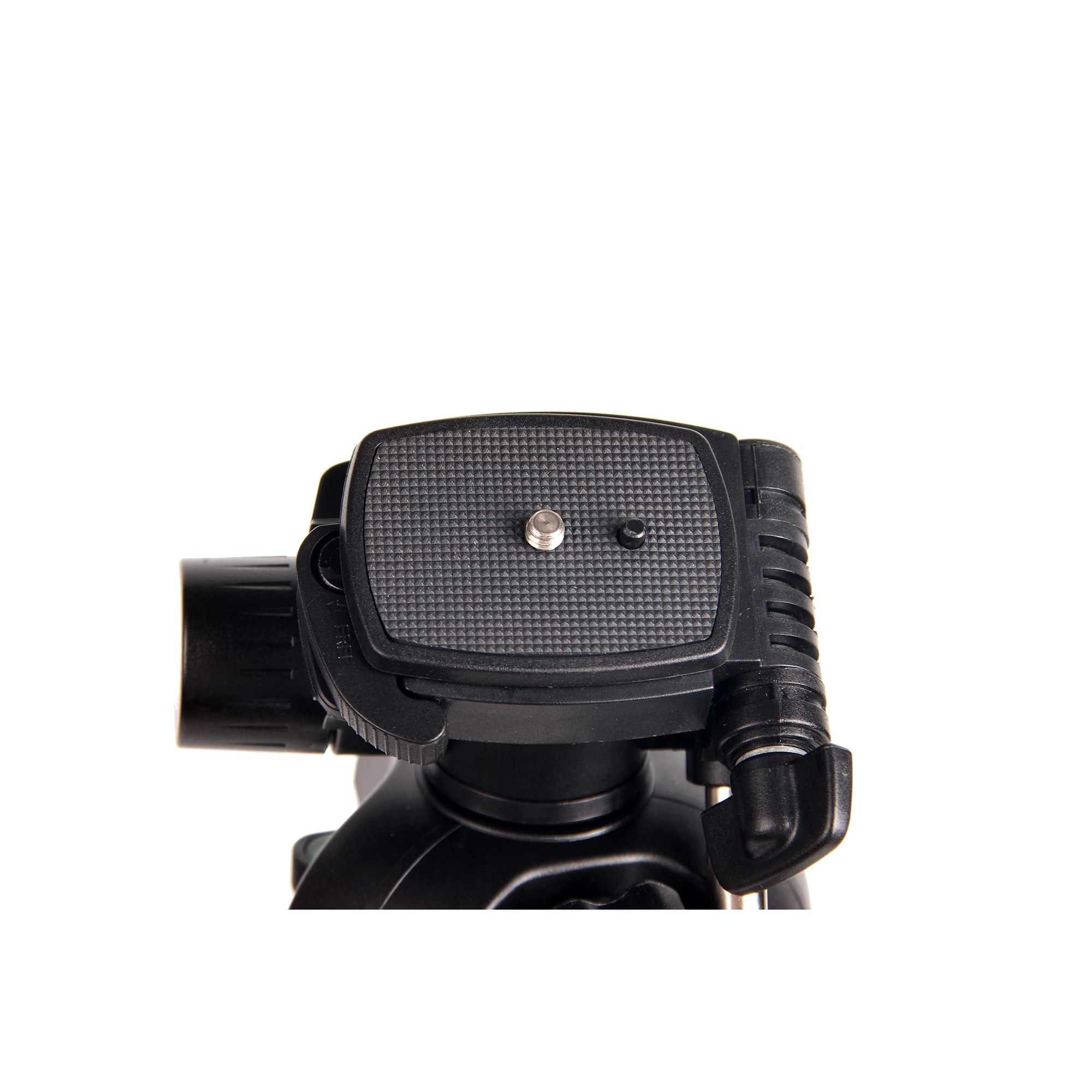 Tripod head with quick-release plate and screw on a white background.