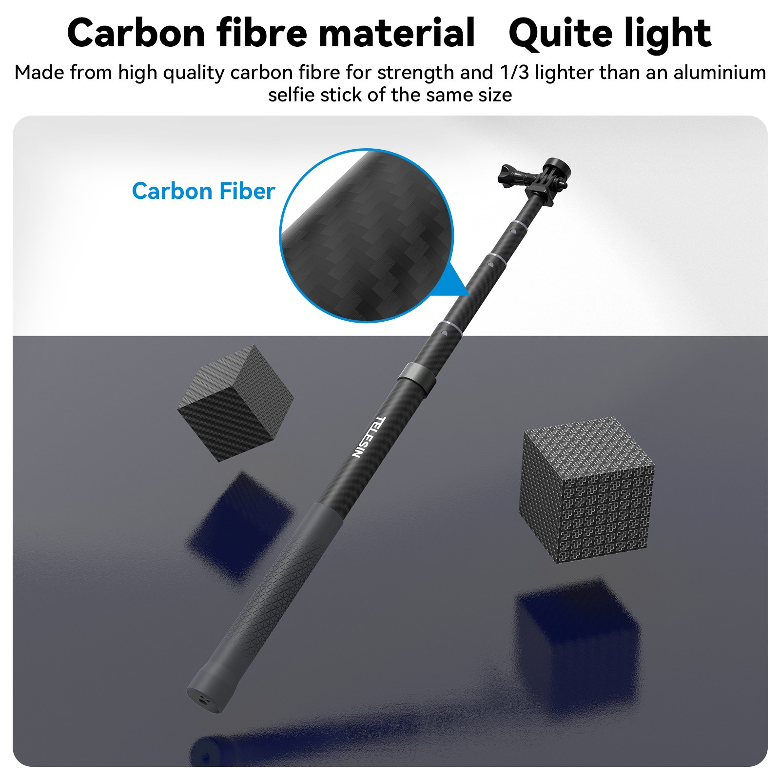 Carbon fiber selfie stick with two carbon cubes on a dark reflective surface.
