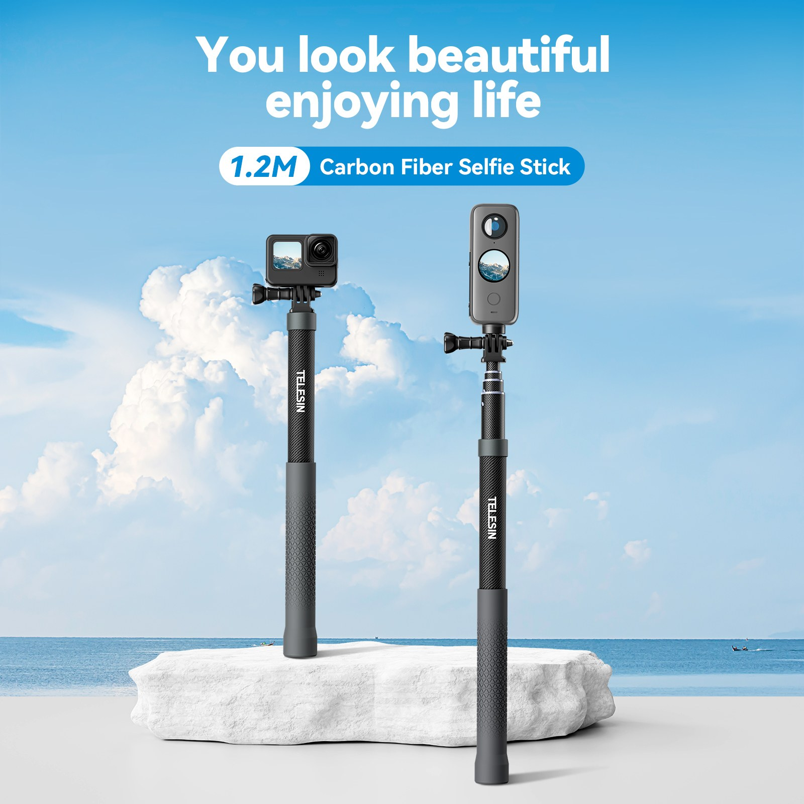 Two Telesin carbon fiber selfie sticks with cameras stand on a white rock against a blue sea and sky.