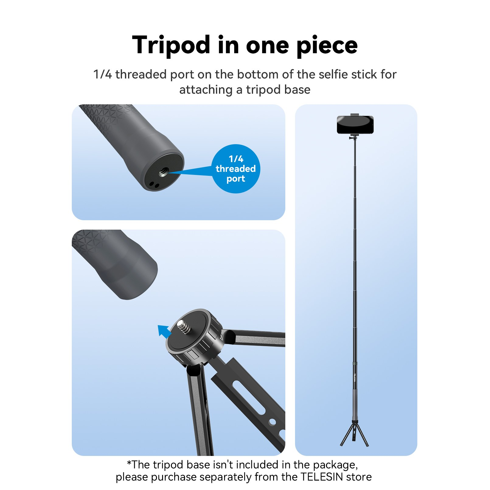 A selfie stick featuring a 1/4 threaded port on the bottom of the handle for tripod attachment.
