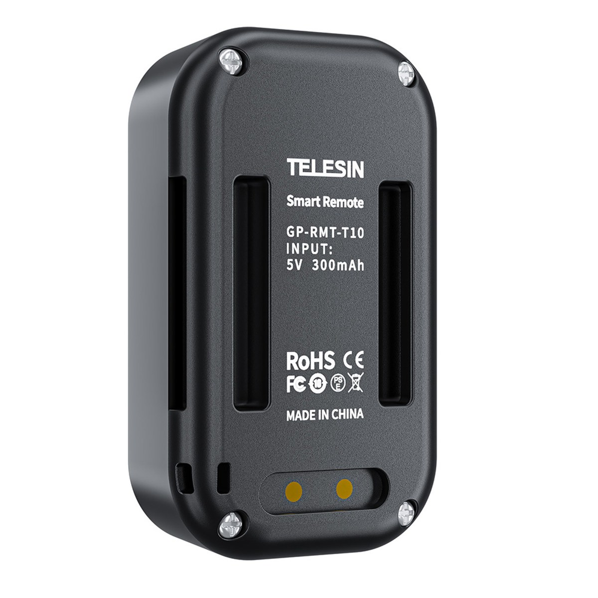 Zwarte Telesin smart remote achterkant met schroeven, tekst en gele oplaadcontacten.